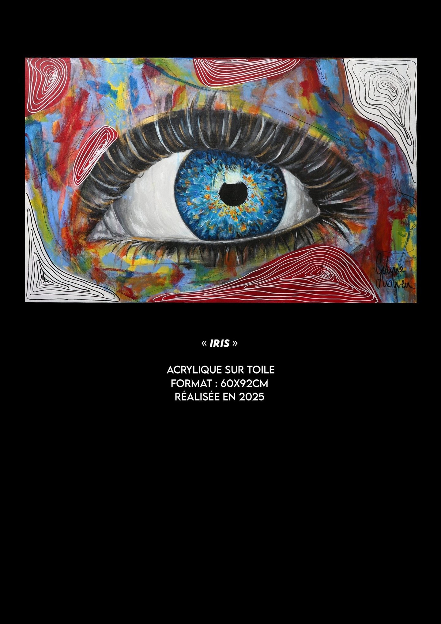 Tableau contemporain iris coloré Céline Didier artiste peintre aux tons rouges blanc bleu realiste