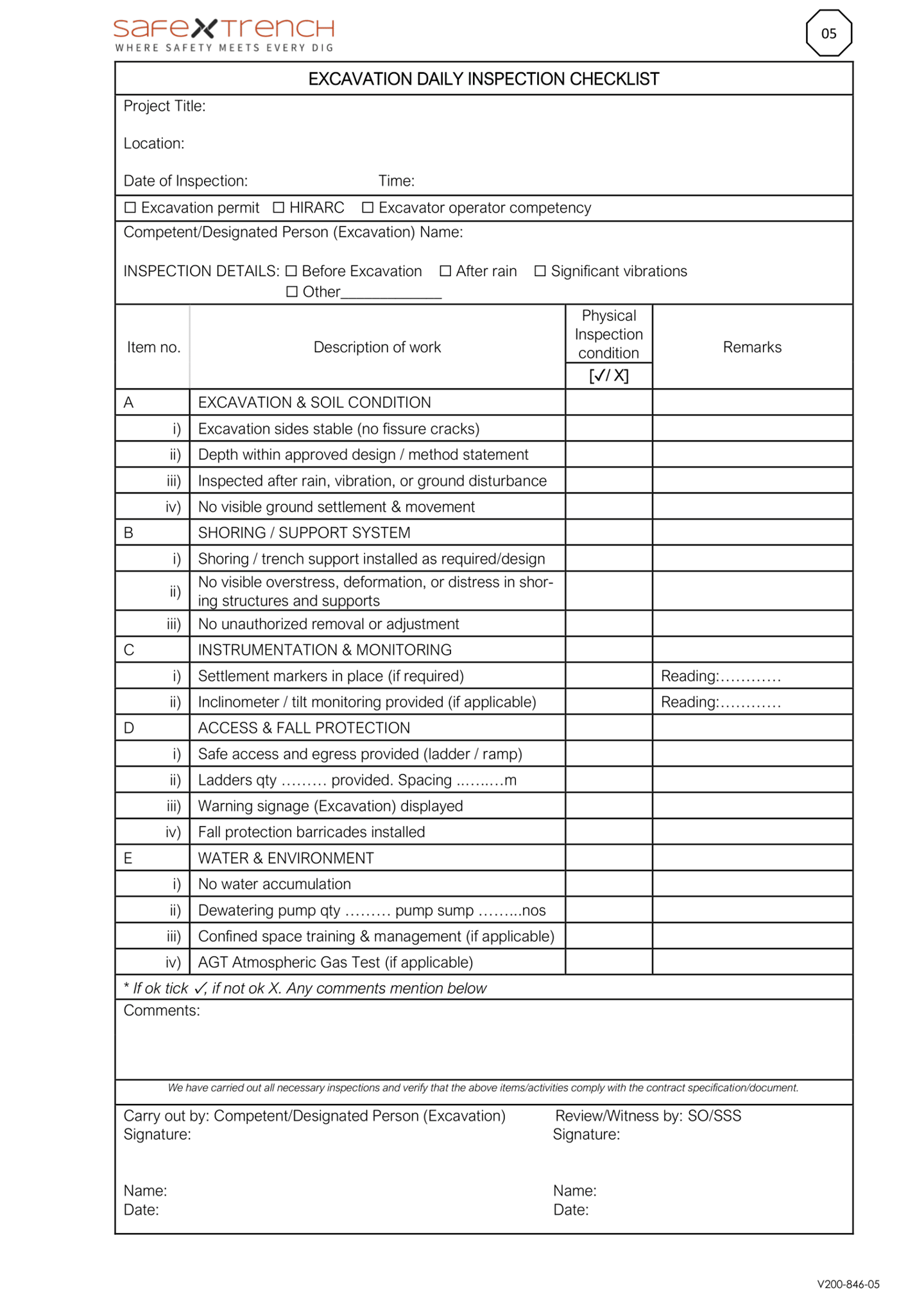 Excavation daily inspection checklist template for trench safety monitoring, hazard control