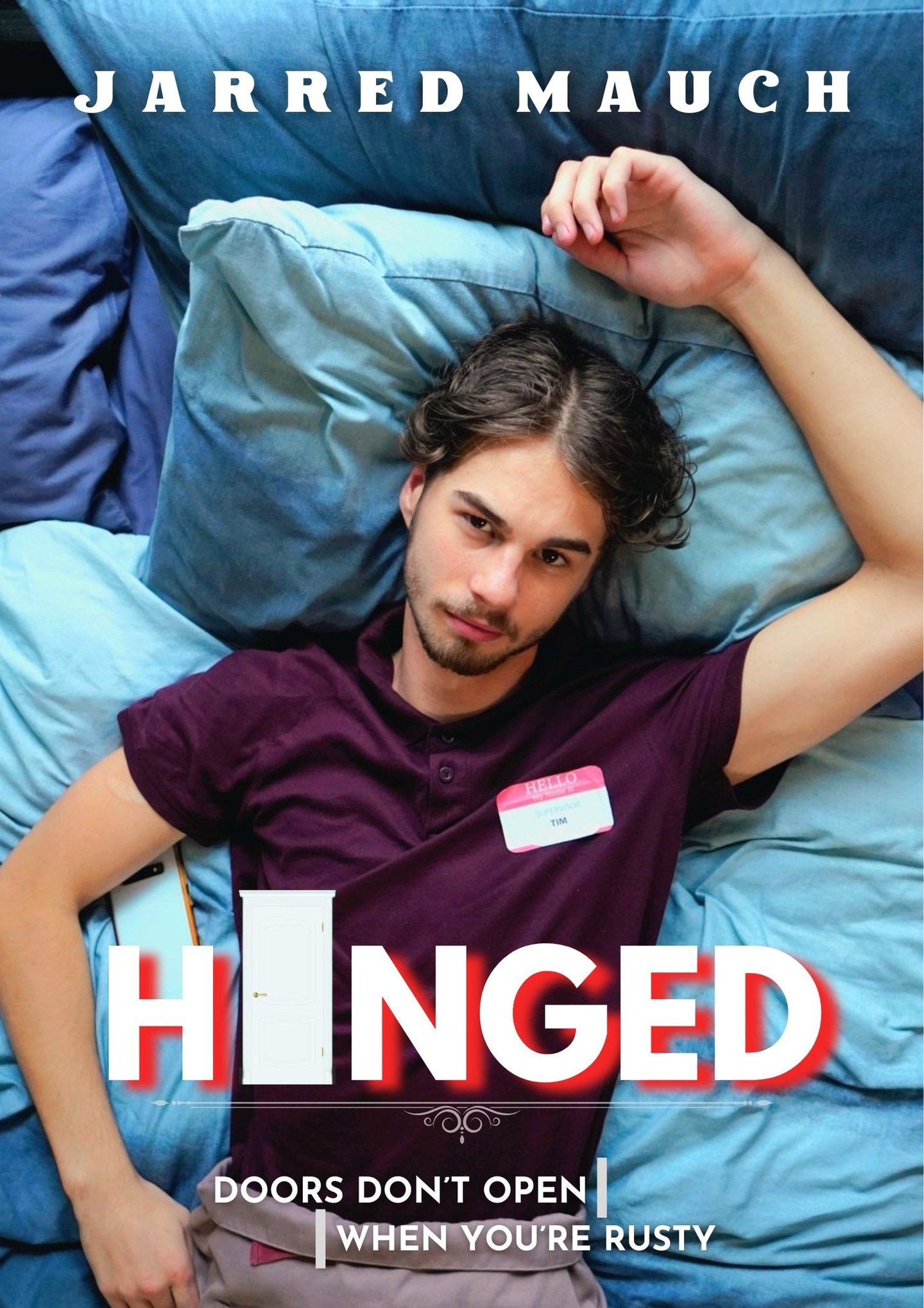 a man laying on a bed with a name tag on his chest, movie poster