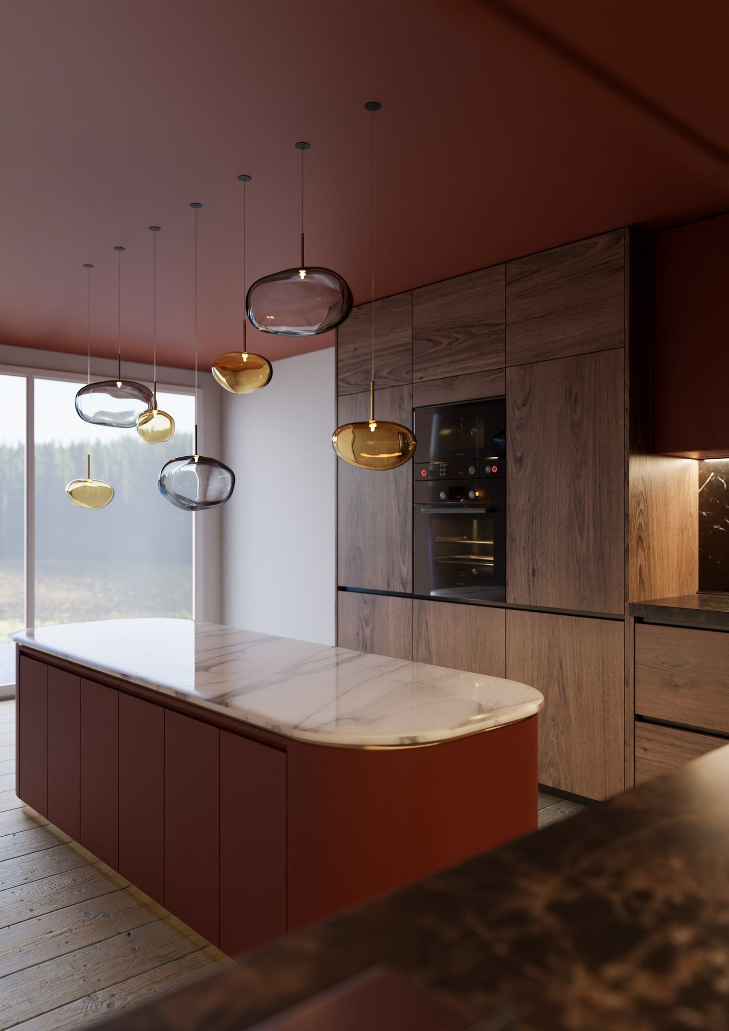 Rendu 3D d’une cuisine moderne avec îlot central en marbre, meubles en bois et suspensions design en verre coloré.