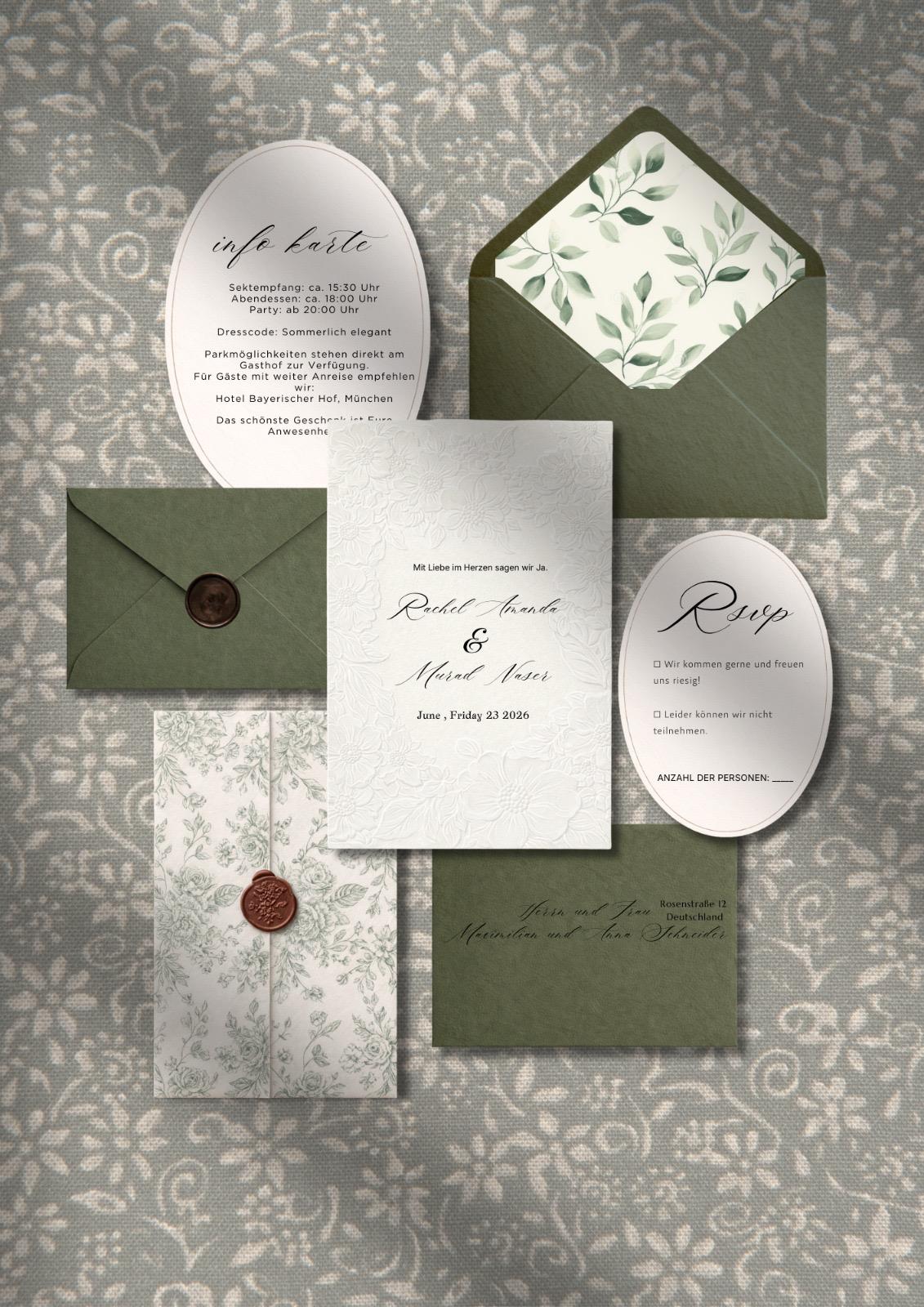 Elegant sage green wedding invitation suite with floral textures, wax seals, and botanical envelope liners.