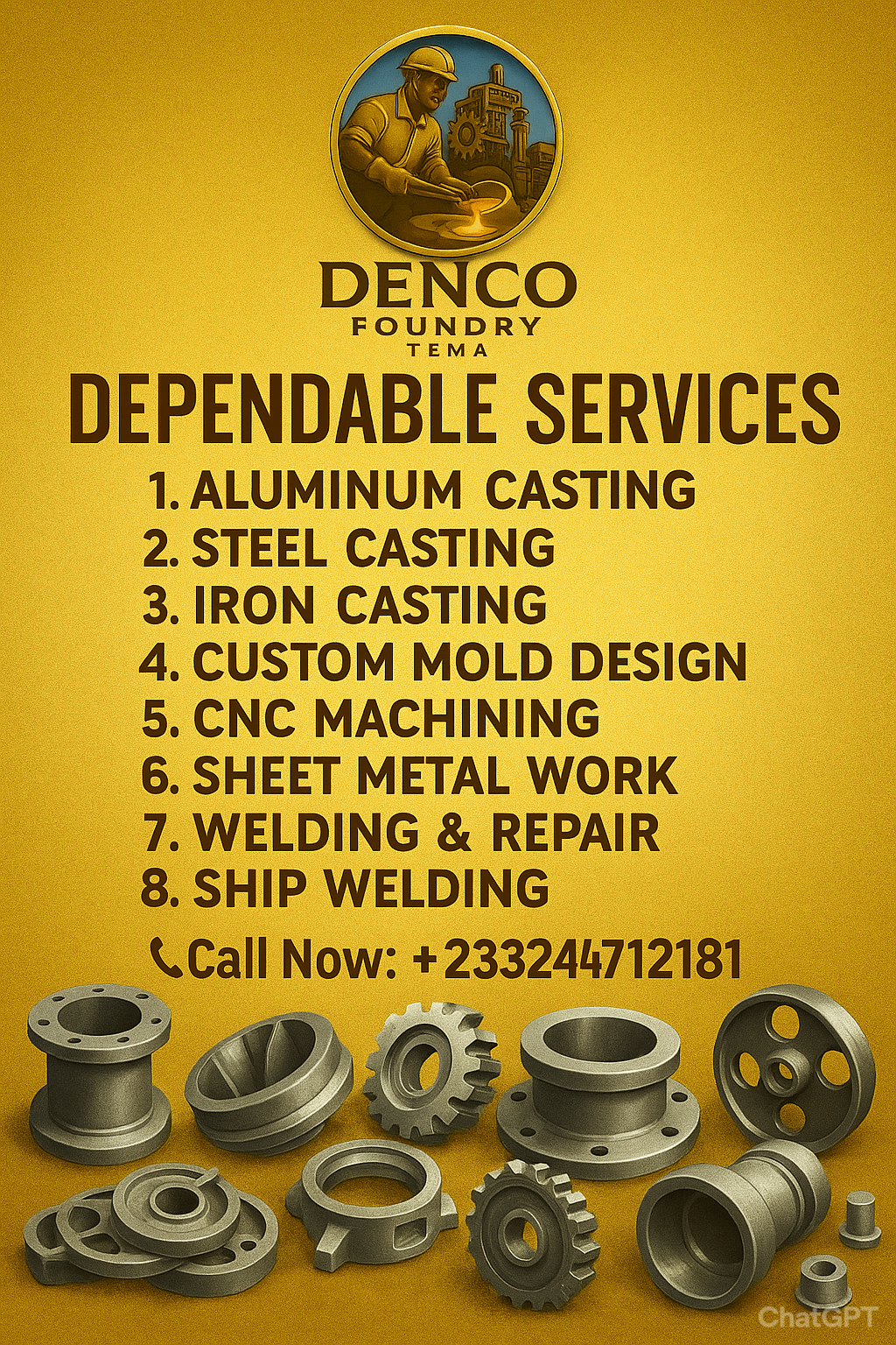 Image outlining eight major services provided at Denco Foundry Tema in Ghana