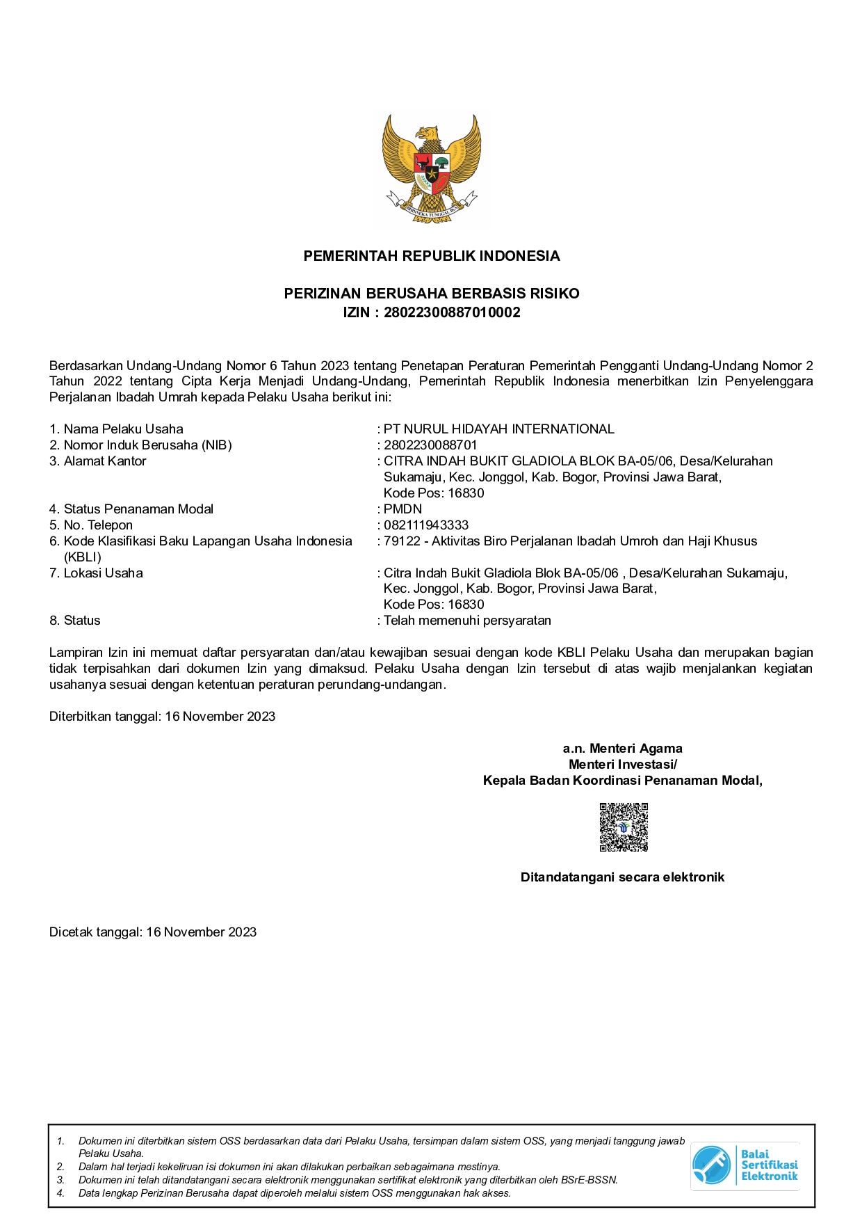 SK Kemenag PT Nurul Hidayah International