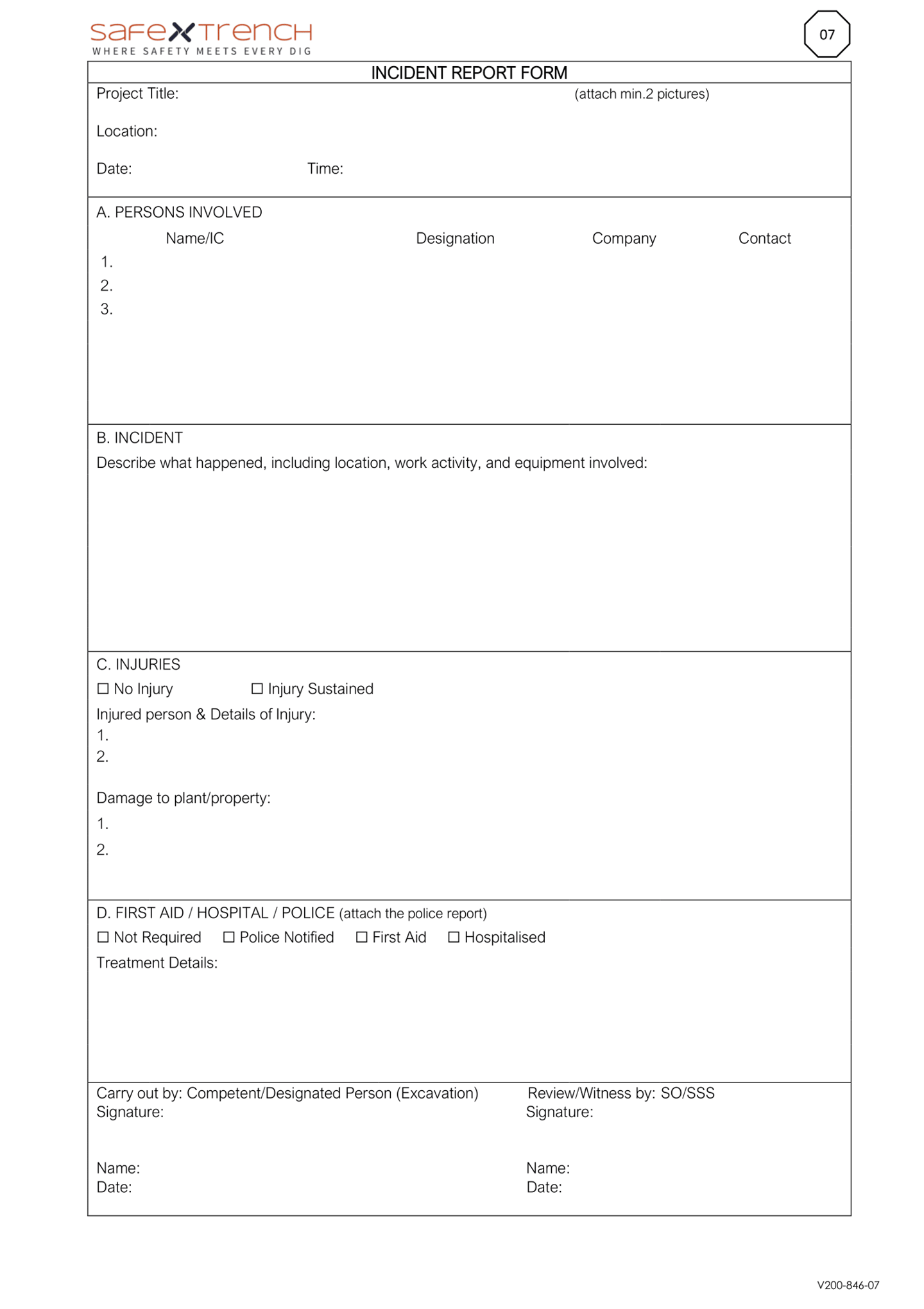 Construction incident report form template for recording accidents injuries and damage