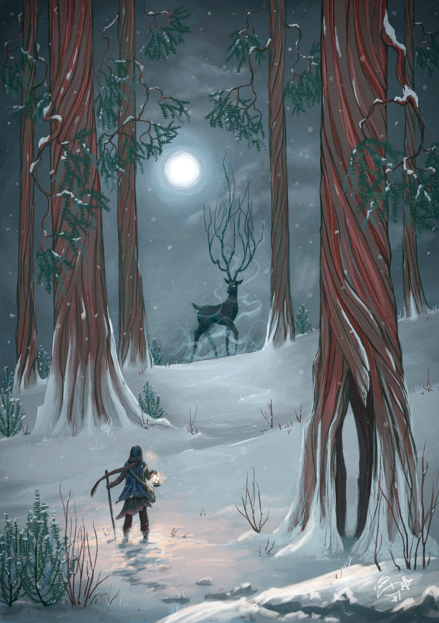 Peinture d'une personne marchant dans une forêt avec un cerf