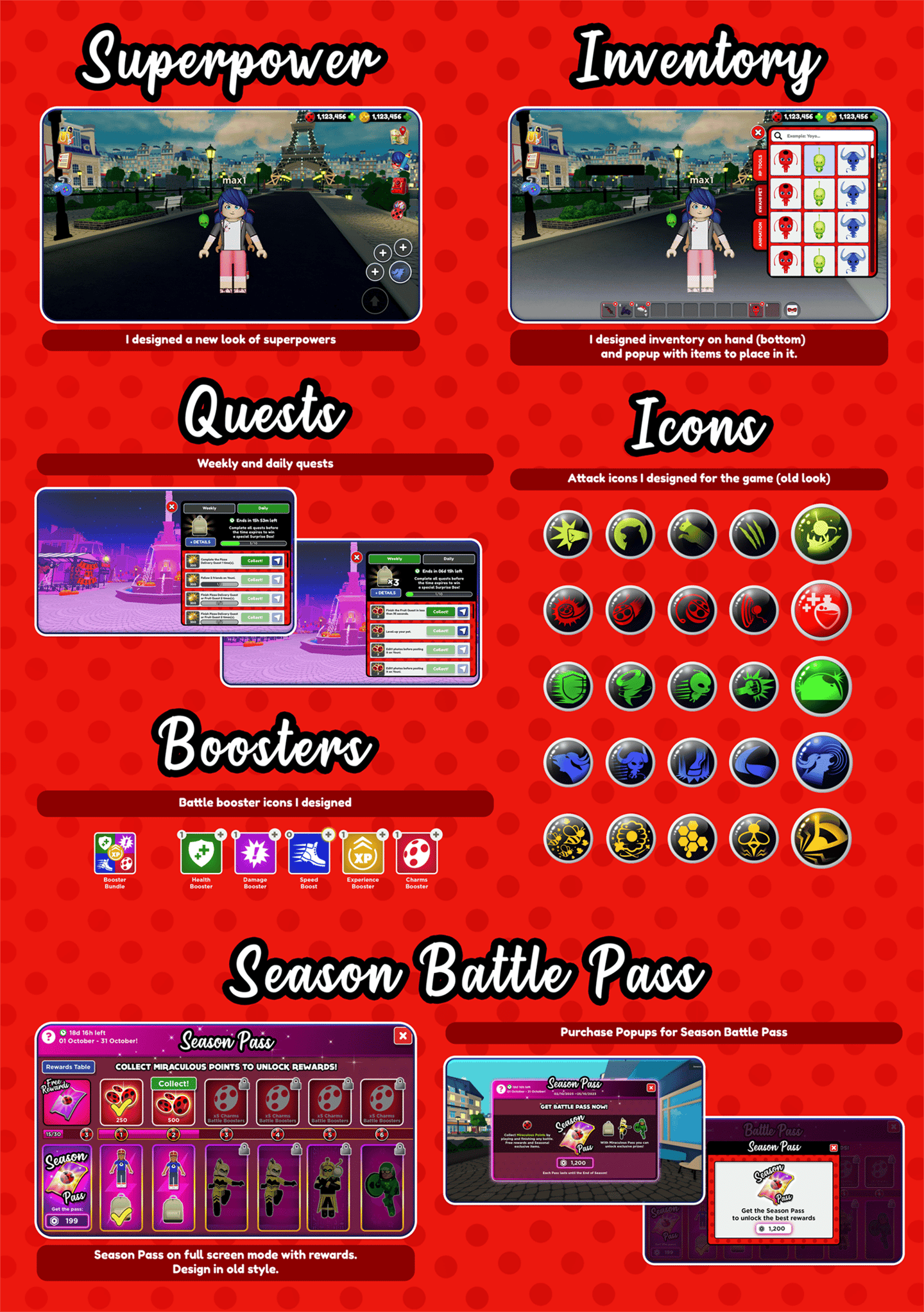Design of Superpower, Inventory, Quest, Boosters, Season Battle Pass and Icons.