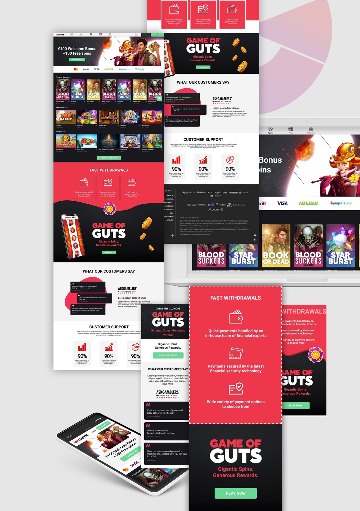 Guts landing page concepts—‘Game of Guts’ hero, game grid, fast withdrawals panel, testimonials