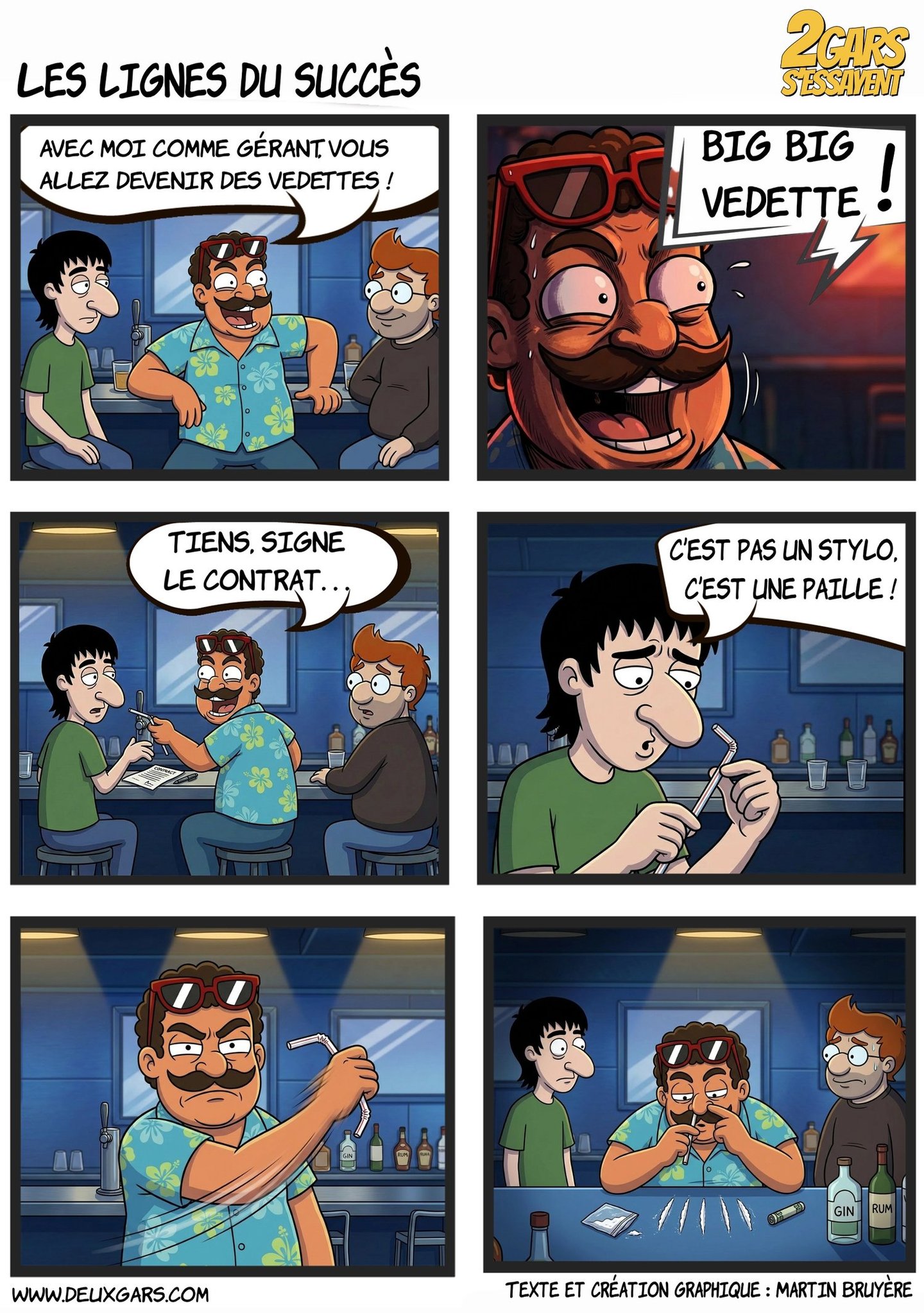 Comic strip showing a man using a straw to snort white lines in a bar setting.