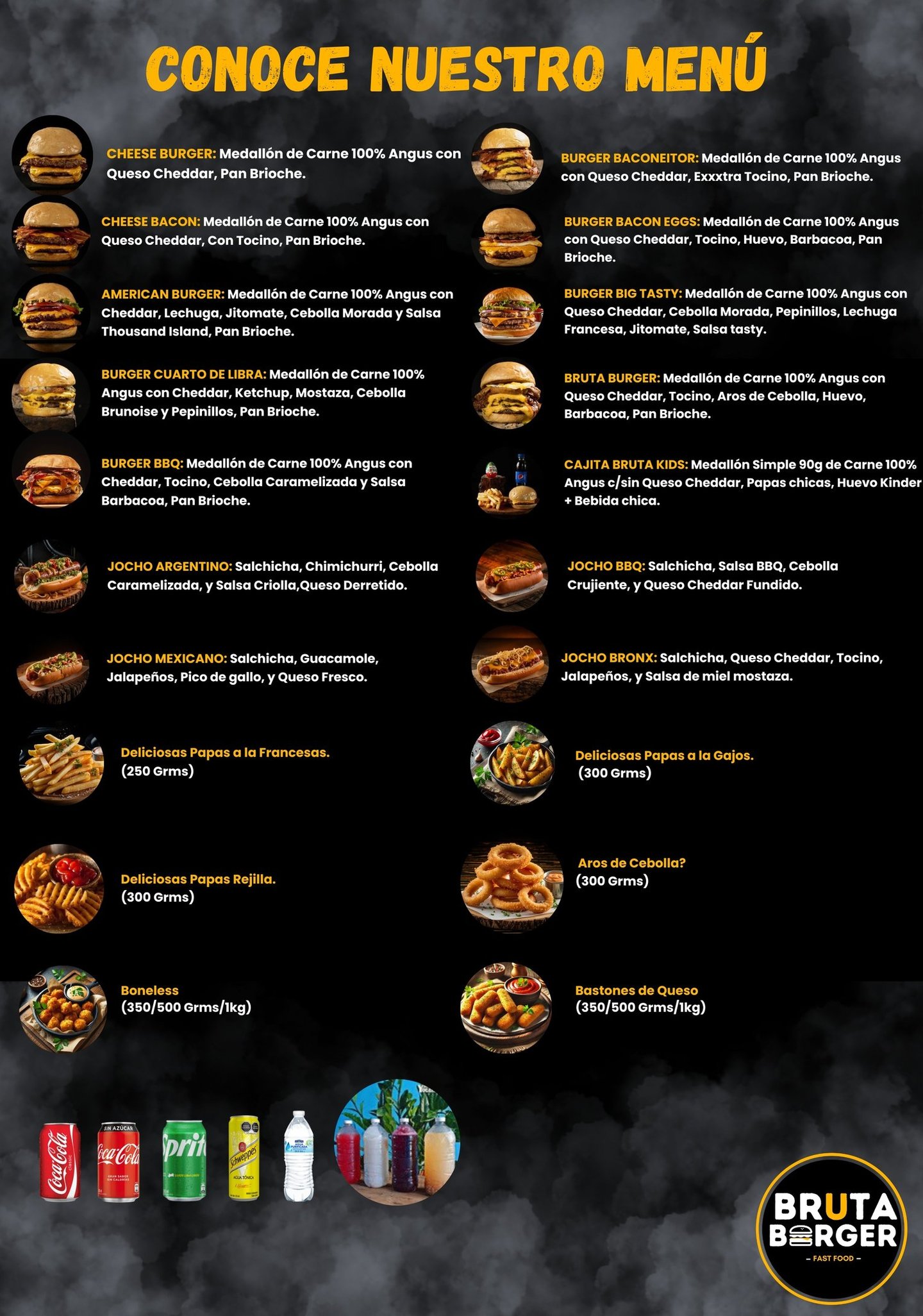 Menú Bruta Burguer, hamburguesas, hot dog
