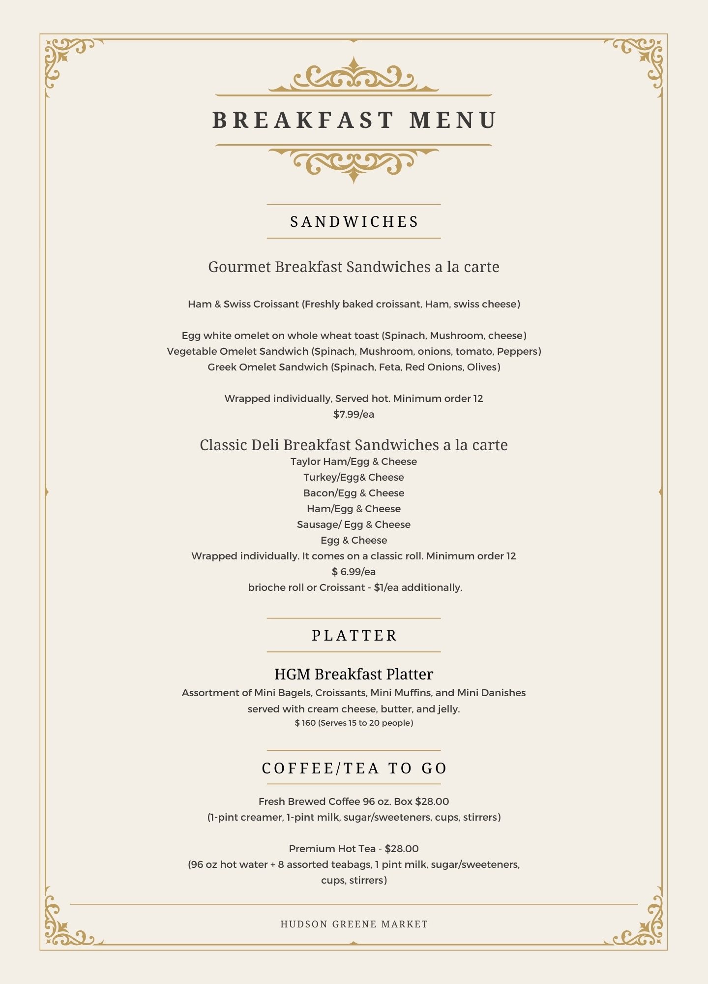 hudson greene market catering breakfast menu gourmet sandwiches omelet egg cheese bagel coffee tea