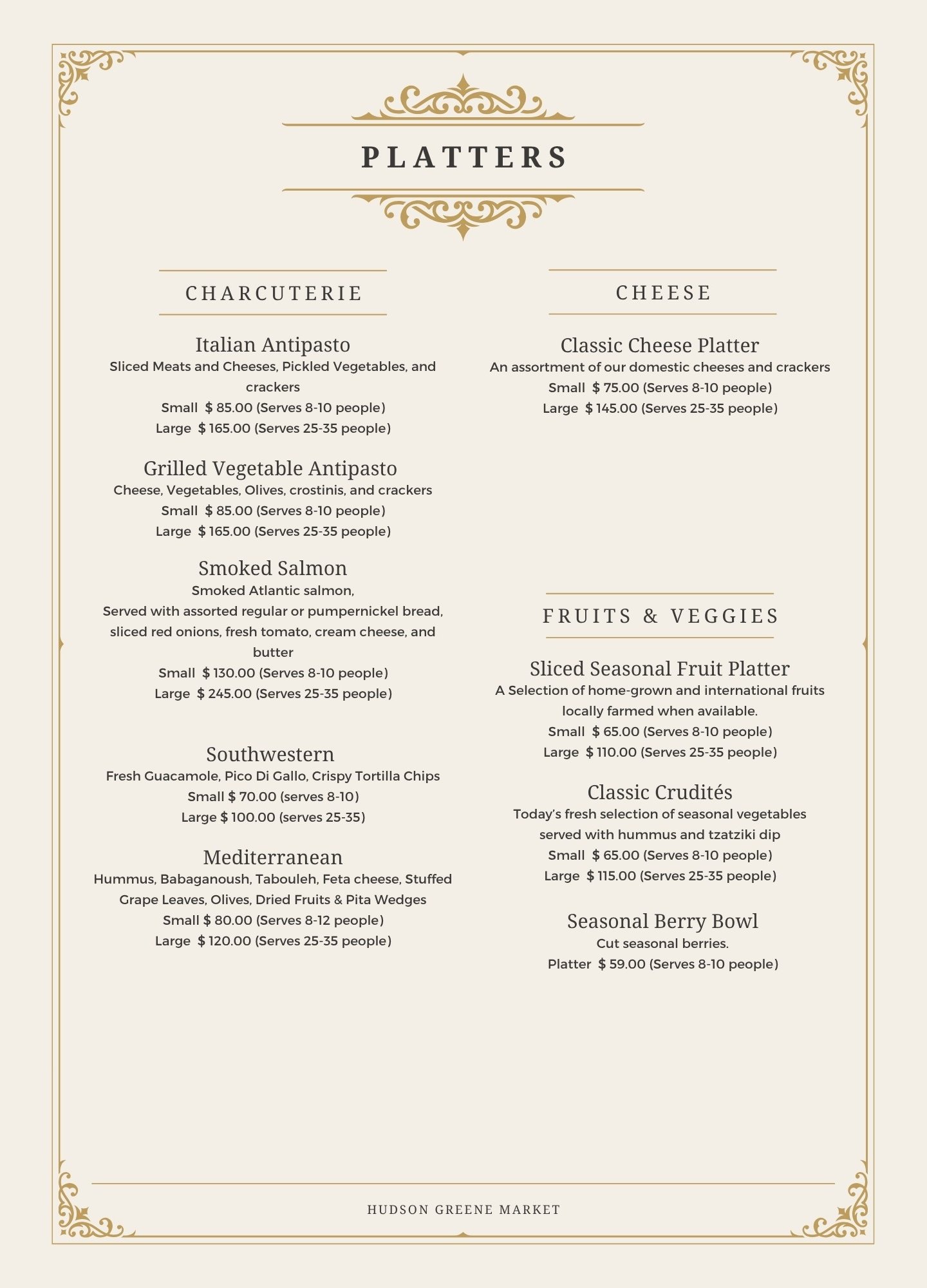 hudson greene market catering platters charcuterie cheese crackers fruit crudite antipasto