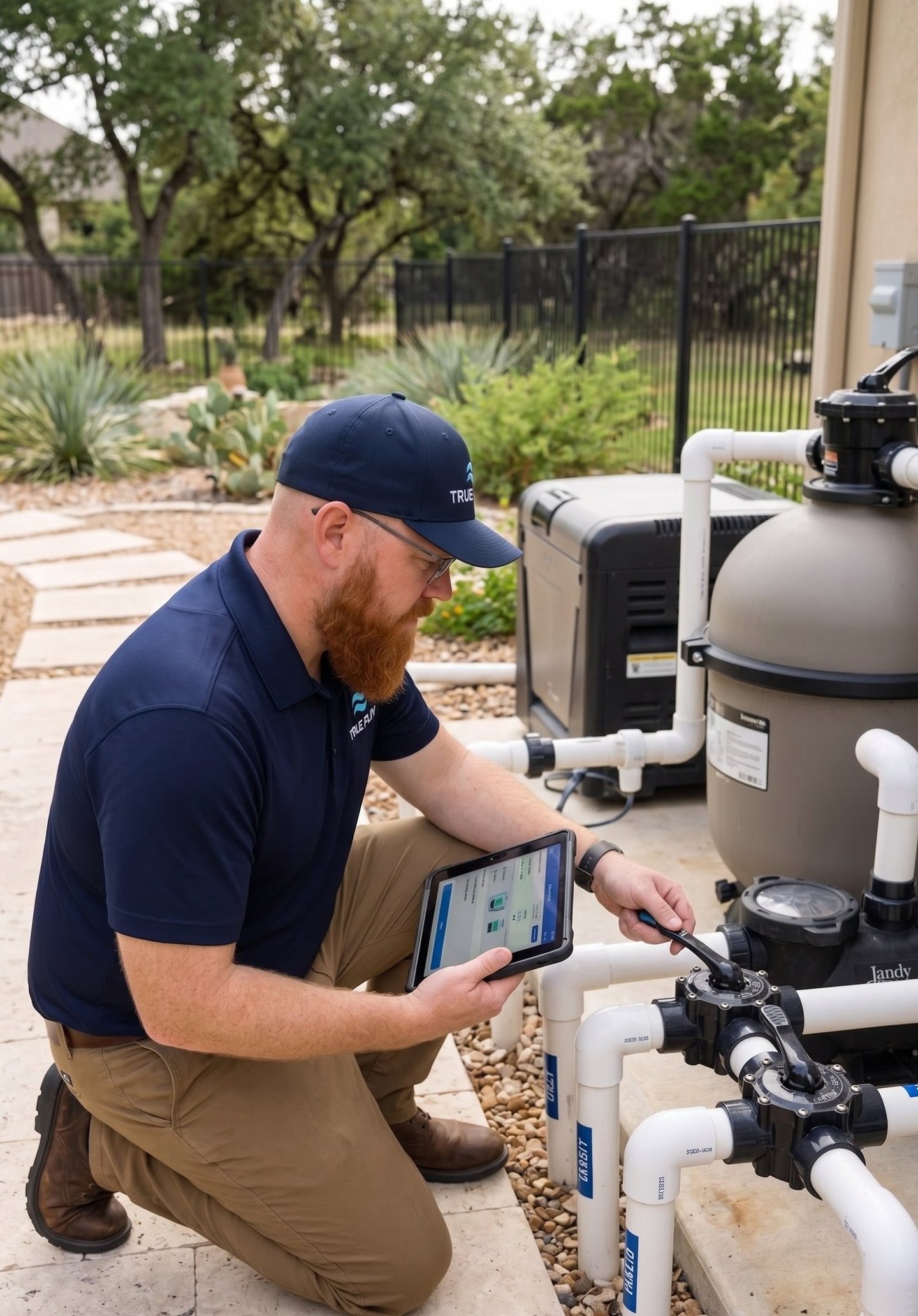 Pool technician inspecting plumbing and valves in Round Rock TX