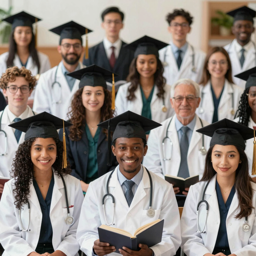 A diverse group of students engaged in a lively seminar, with a mentor guiding them through medical study materials.