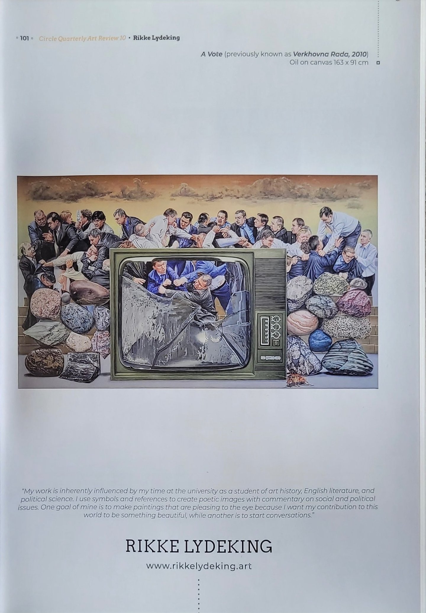 Oil painting titled A Vote by Rikke Lydeking depicting a chaotic crowd behind a vintage television.