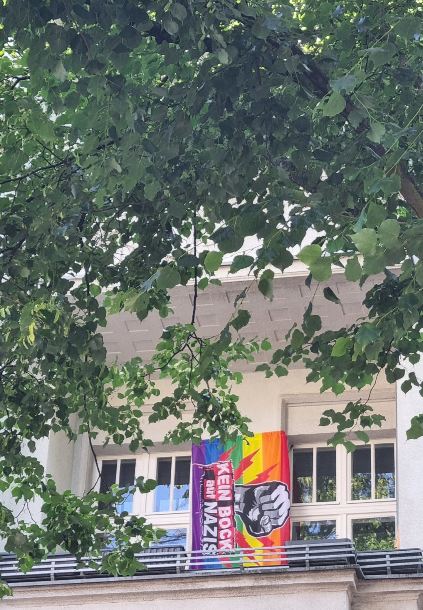 Sharepic zum Antrag, es zeigt eine bunte Flagge mit der Aufschrift "Keinen Bock auf Nazis".