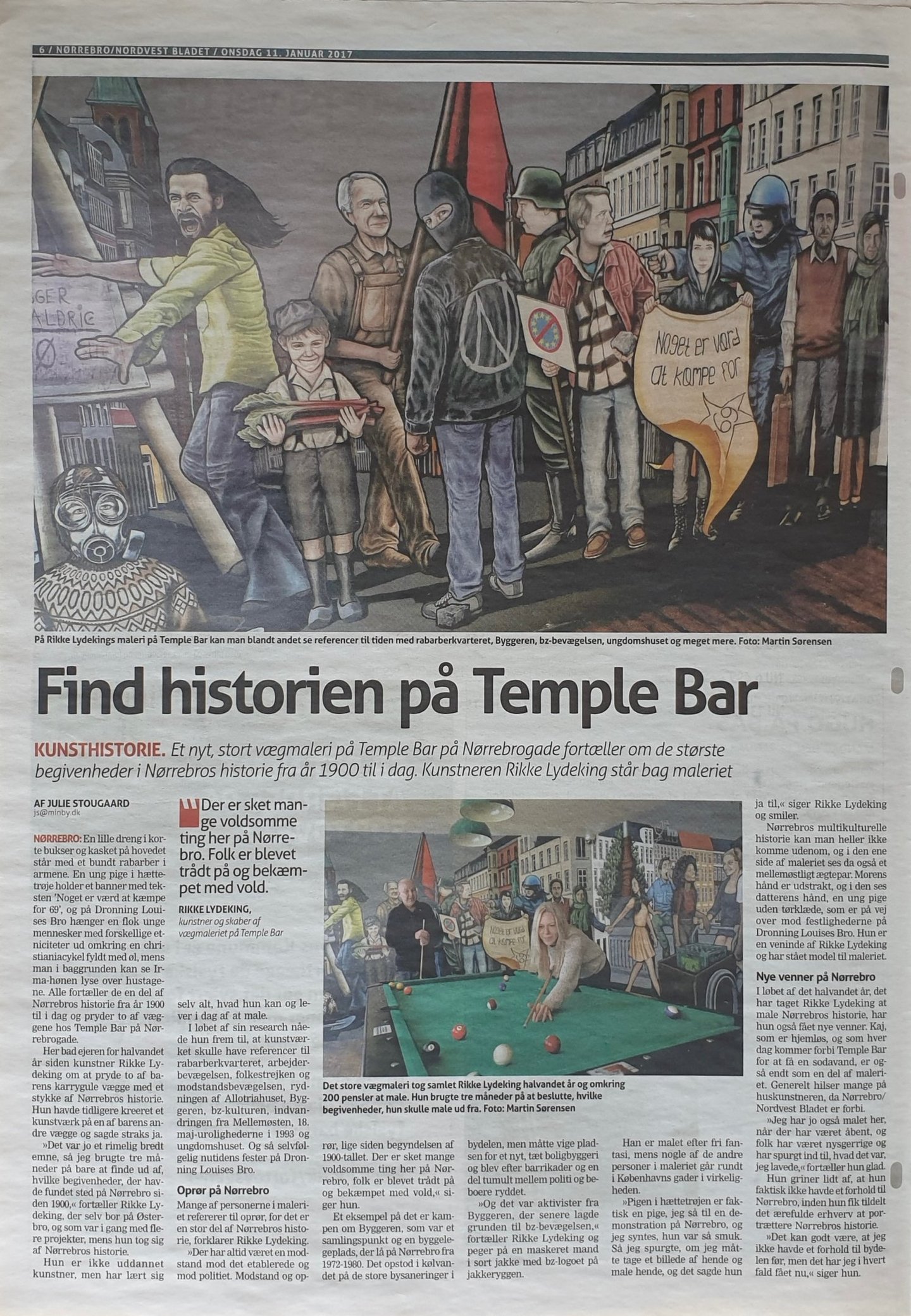 A local newspaper feature showing a vibrant mural at Temple Bar in Nørrebro, Copenhagen, depicting Danish historical and