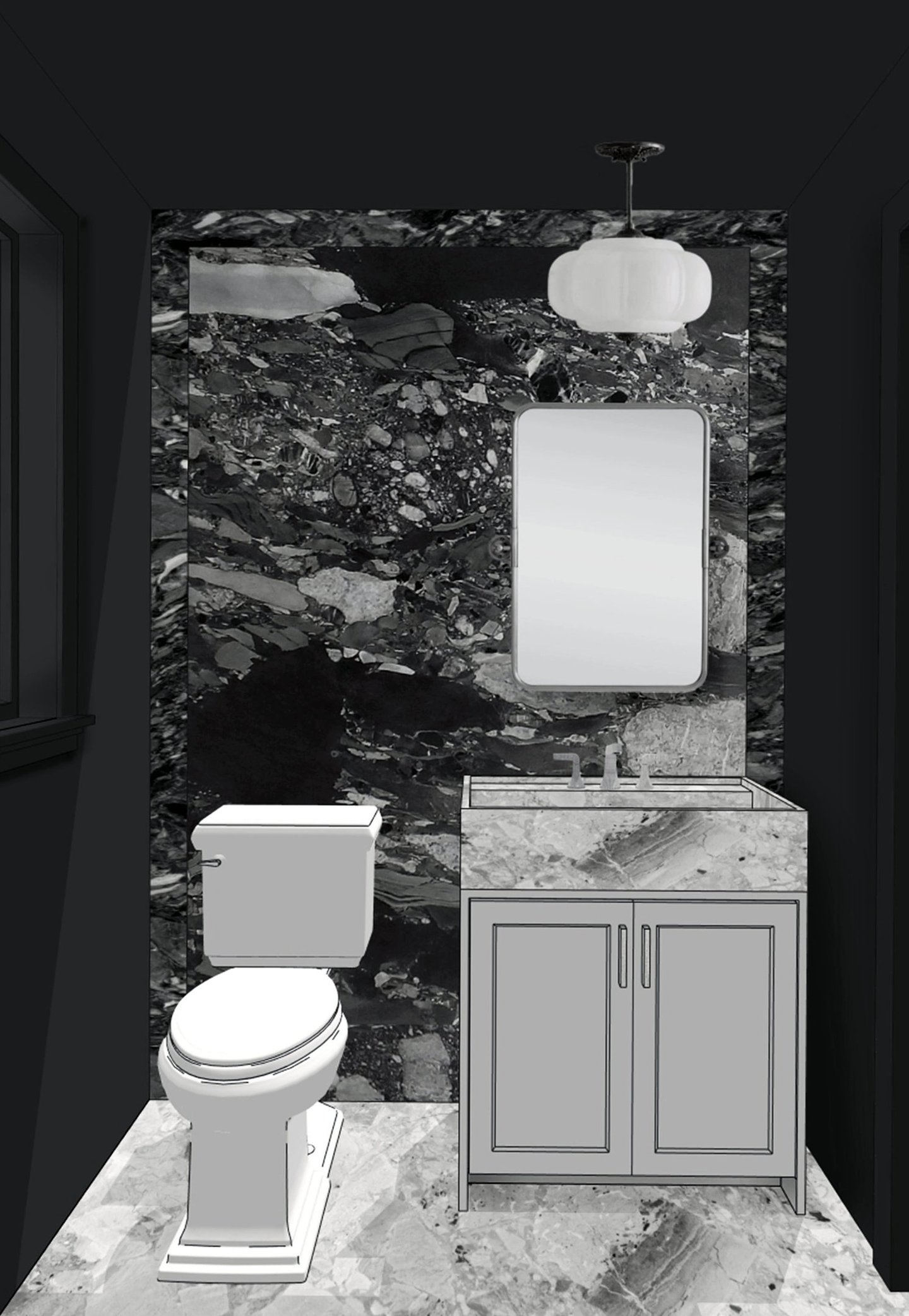 Powder room design simulation, dark marble feature wall, colonial renovation Reading MA, Erica Fossati Design