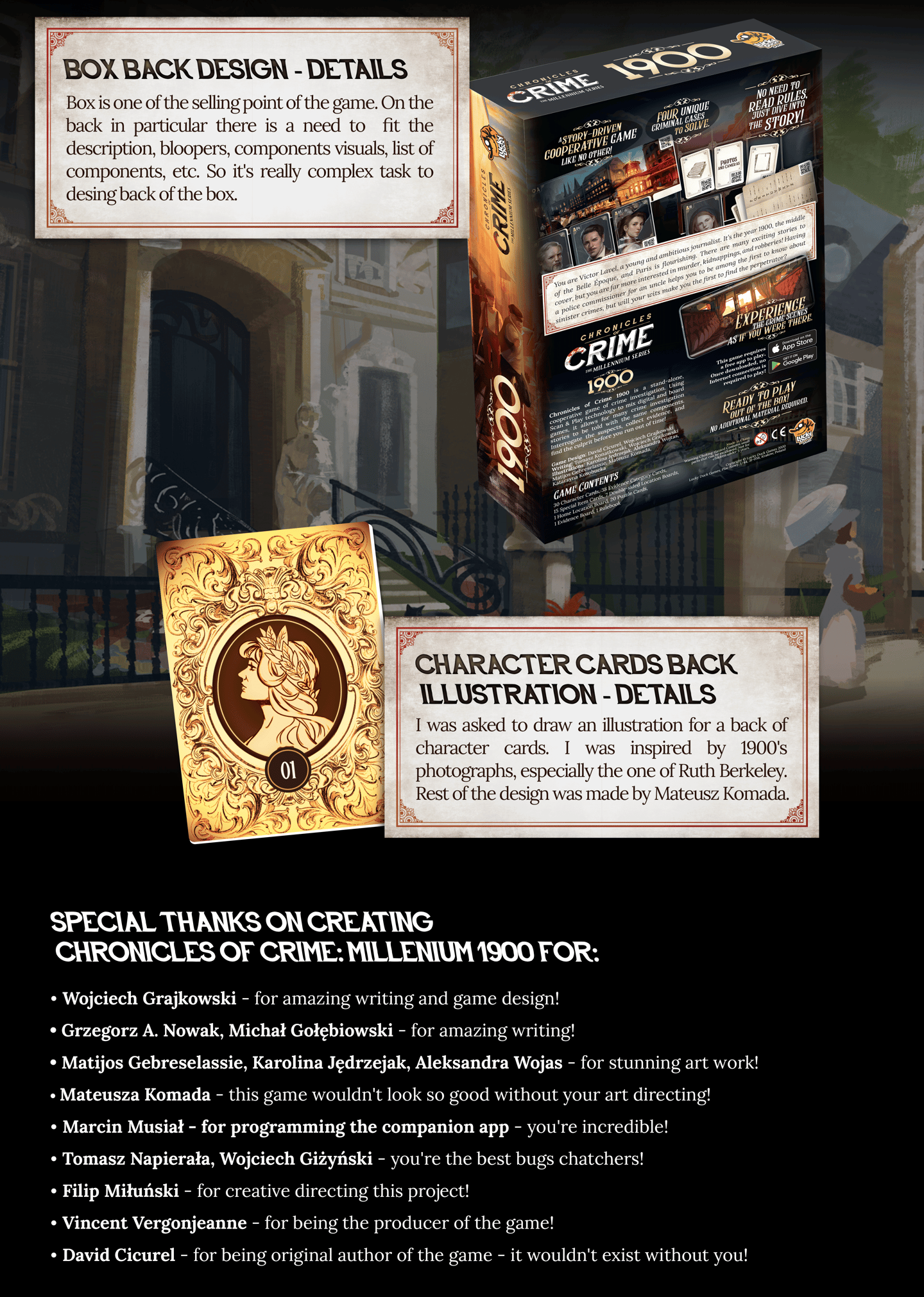 Back of the box design. I drawn character cards back illustration