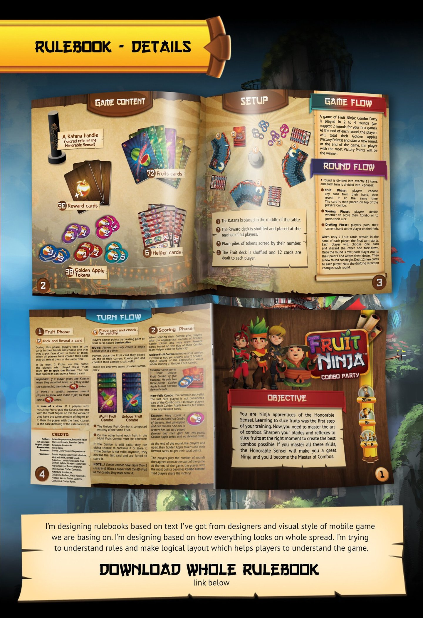 Rulebook design and layout for Fruit Ninja Combo Party board game