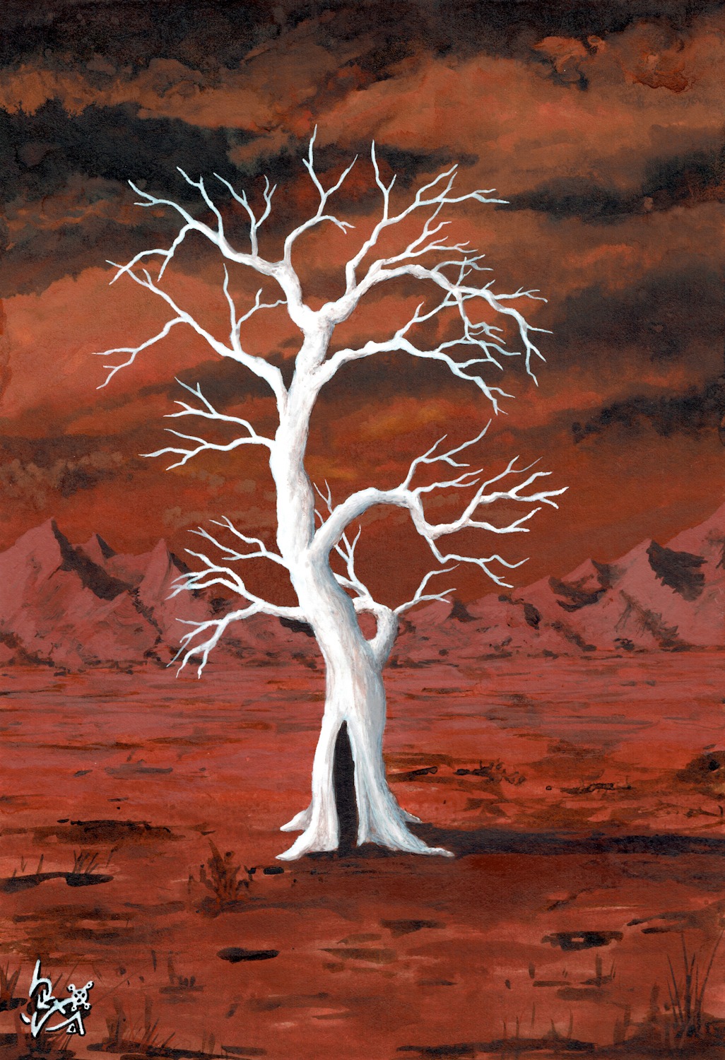 Une peinture acrylique représentant un arbre blanc sans feuilles au milieu d'un désert rouge menaçan