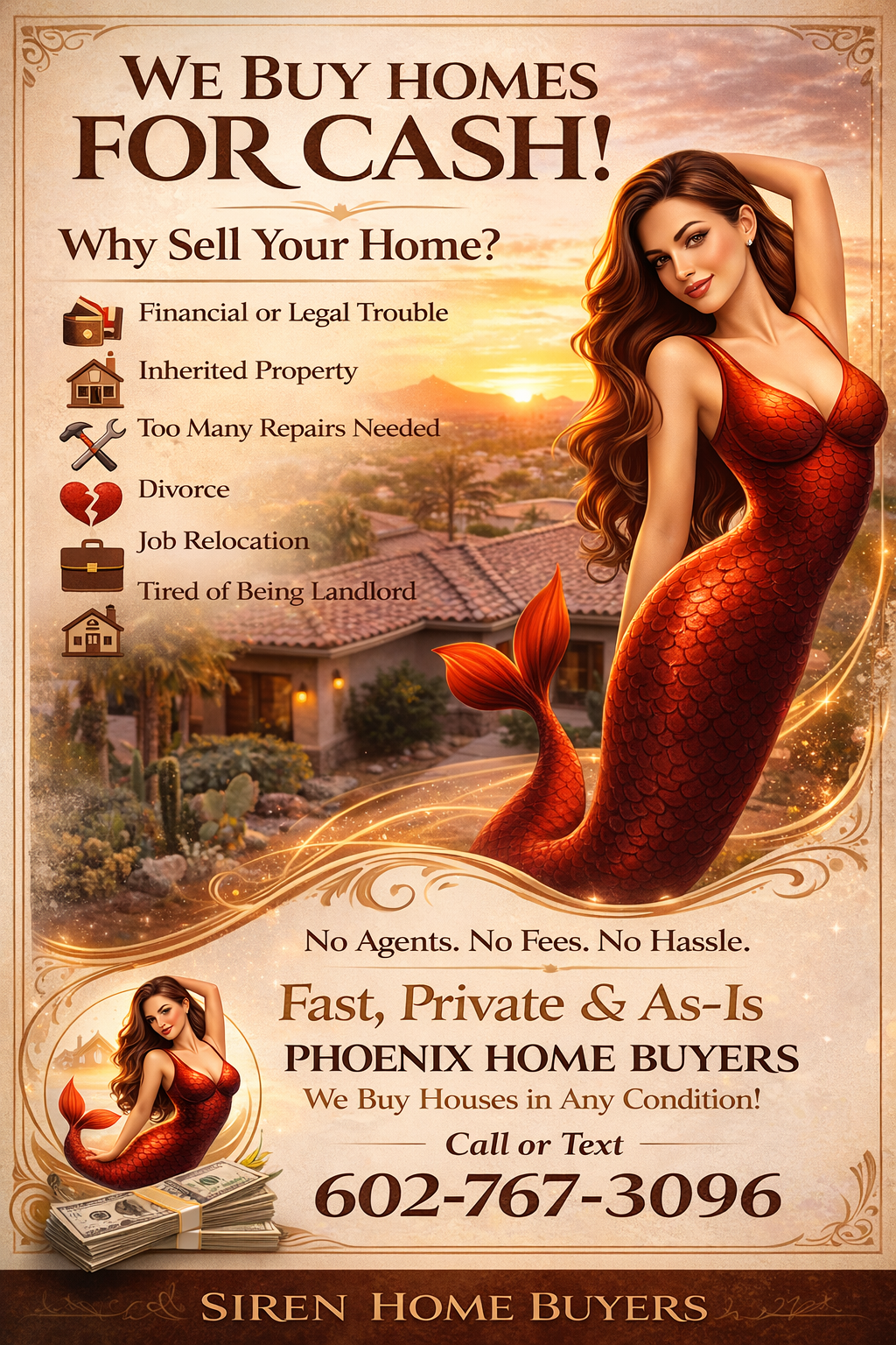 Siren Home Buyers cash home purchase advertisement in Phoenix, Arizona.