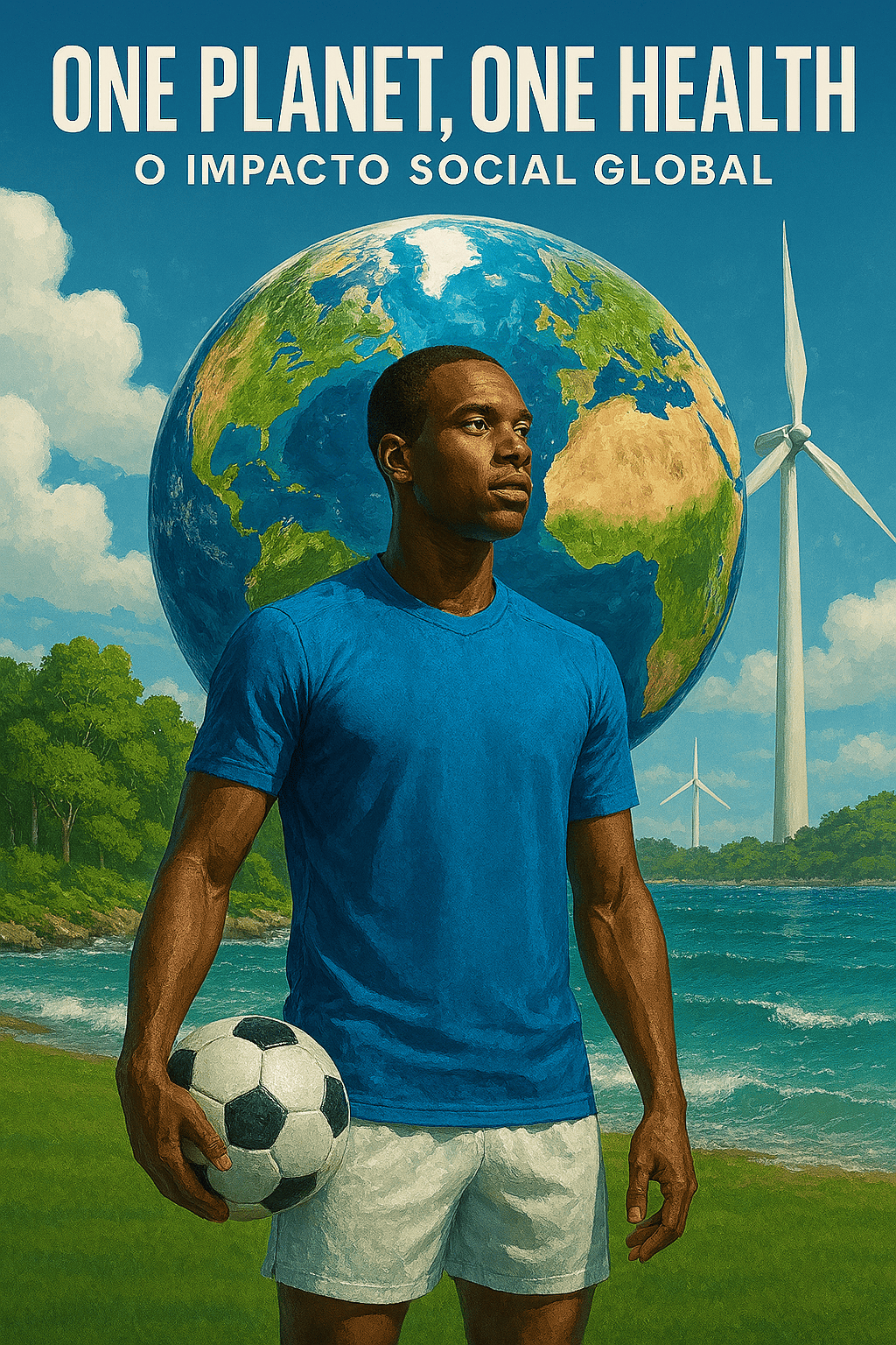 A soccer player holds a ball before a globe and wind turbine for One Planet One Health sustainability.