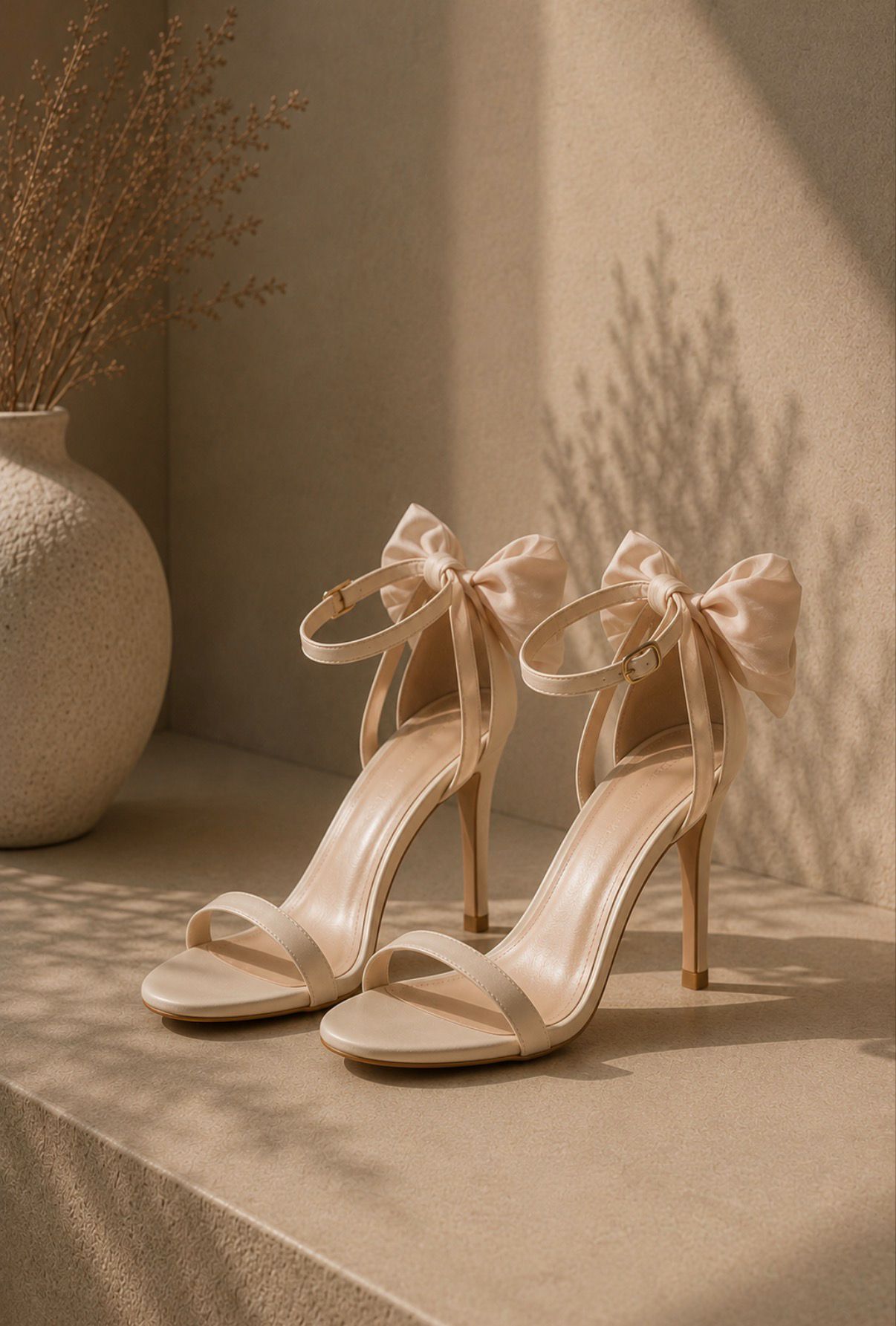 Beige bow strap stiletto heels.