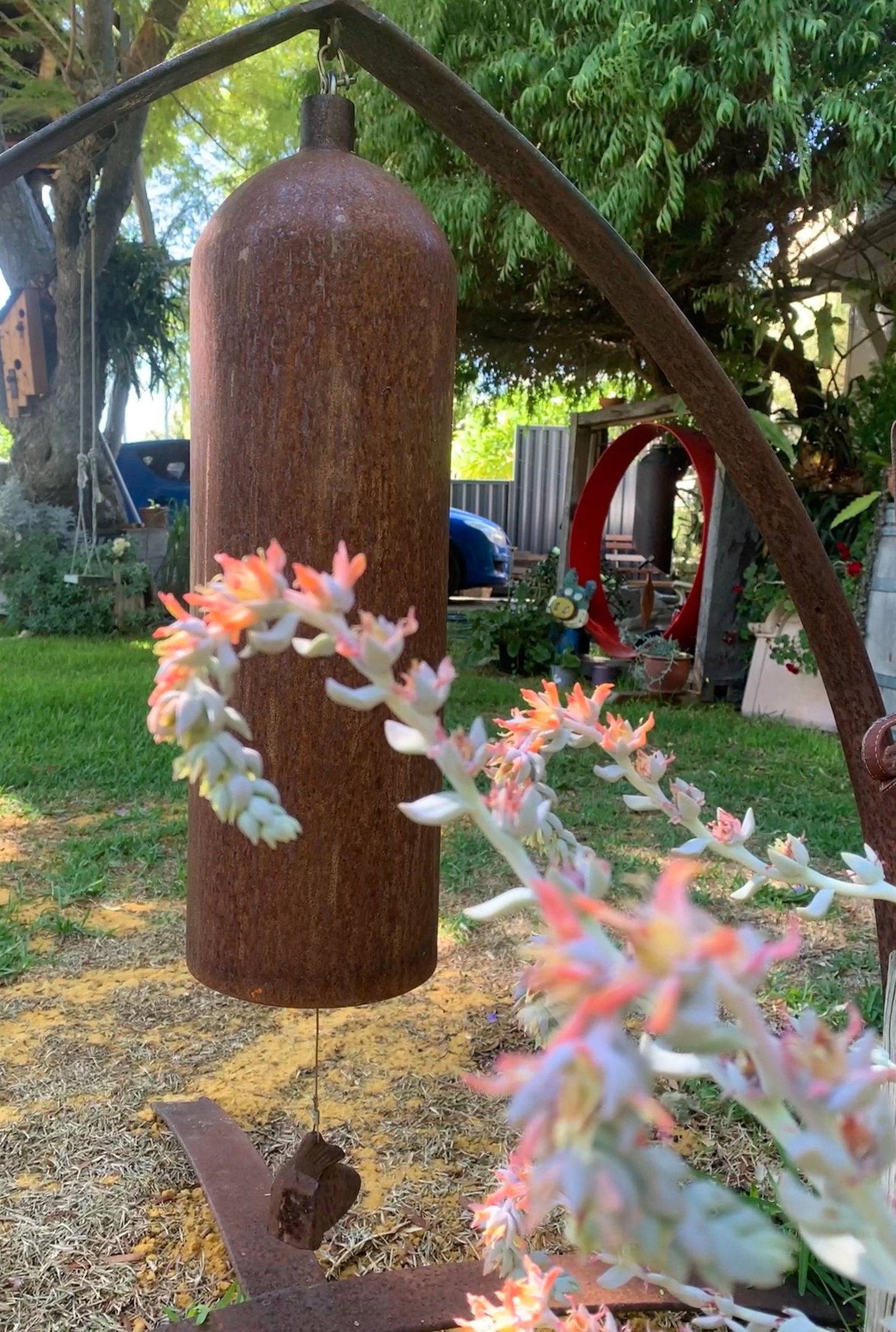 Rustic metal wind chime hanging in a garden with blooming succulent flowers in the foreground.