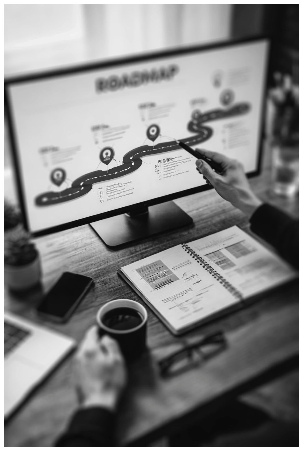 busy office wooden desktop with a computer screen showing a raodmap