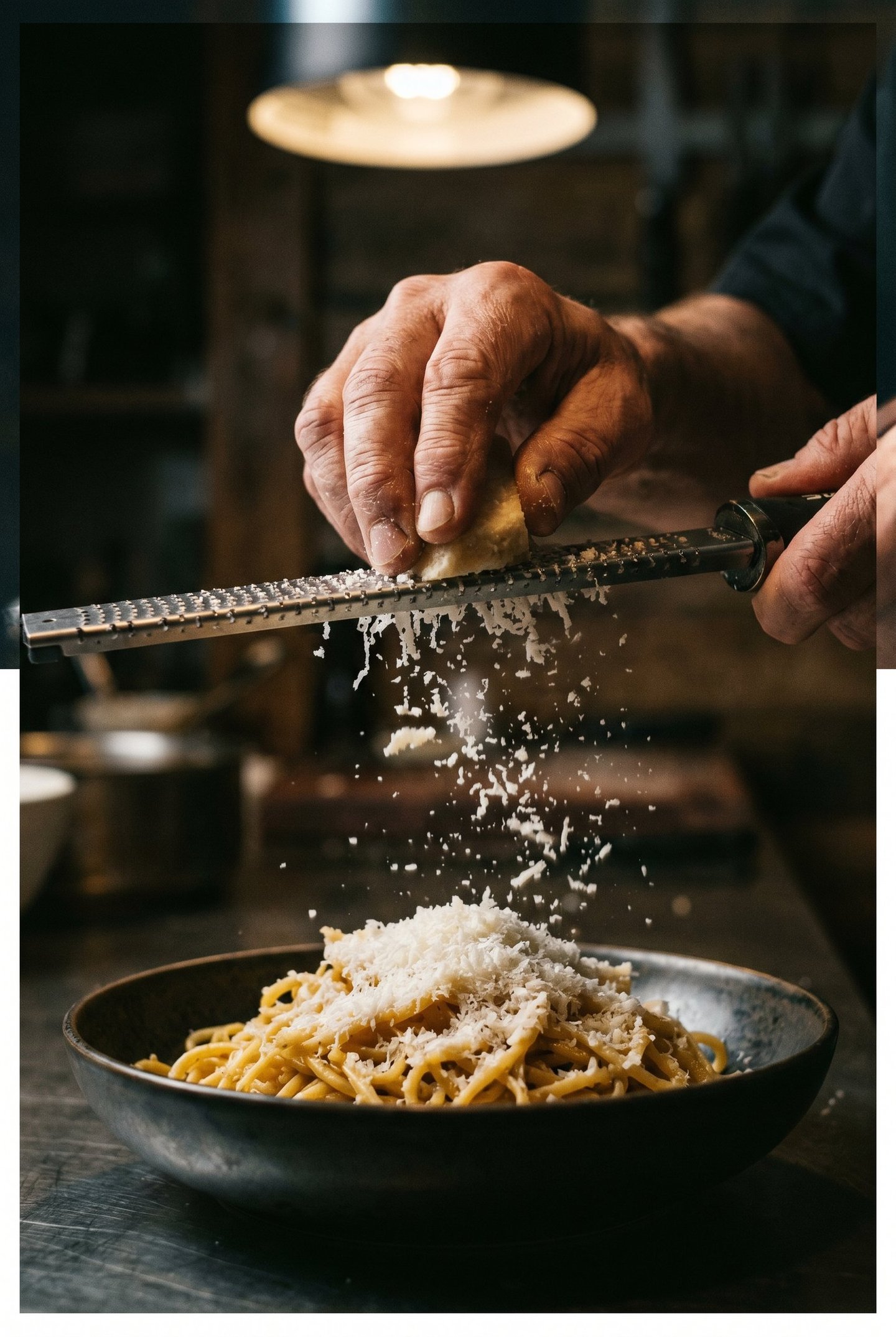 Chef grating fresh parmesan cheese over a bowl of spaghetti pasta in a kitchen.