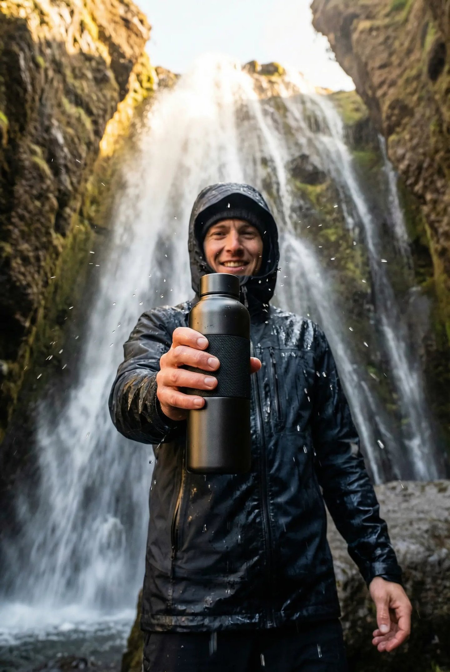 Smiling hiker holding a black reusable water bottle in front of a majestic Icelandic waterfall.