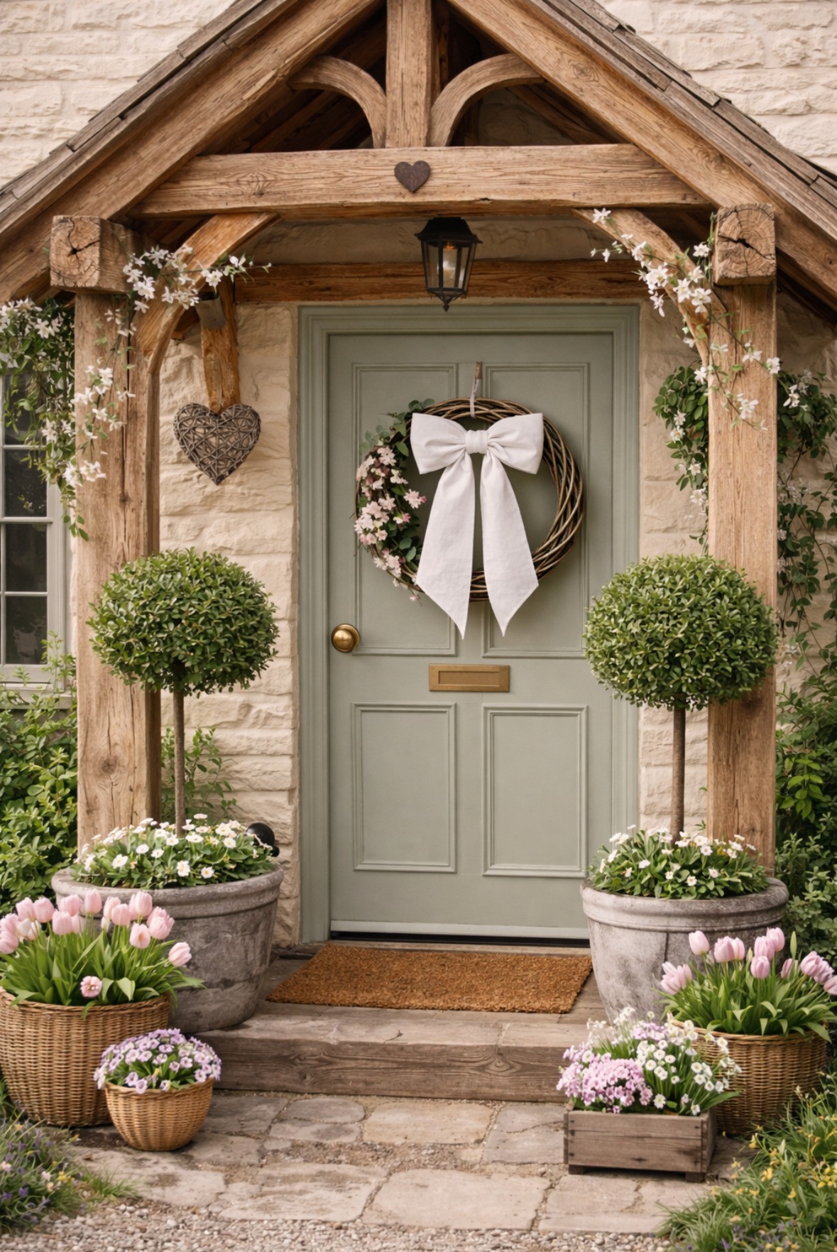 white linen bow on a spring wreath handing on a french grey front door