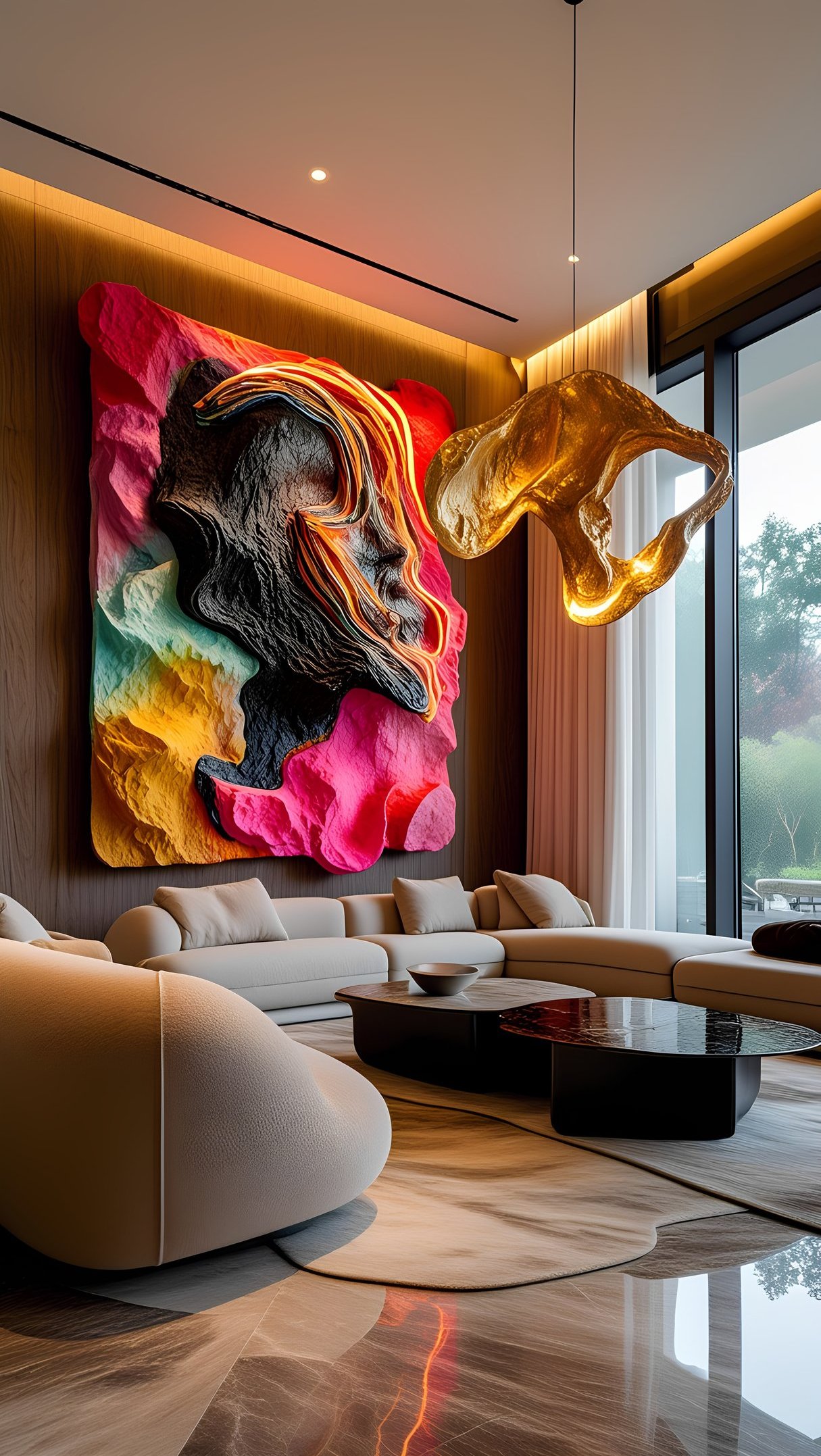 Mural escultórico Volcanic Pulse con acentos dorados — Pedro Alonso Studio.