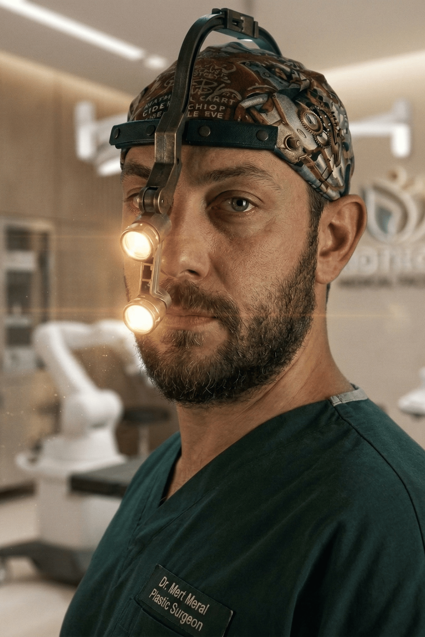 Dr. Mert Meral, a plastic surgeon wearing scrubs and a surgical headlight in a modern medical facility.