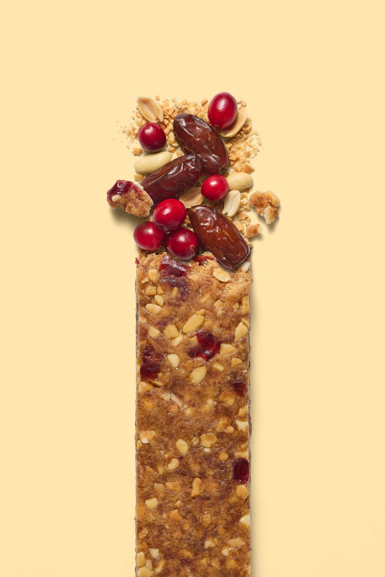 Food and packaging photography - a muesli bar with fruit and nuts