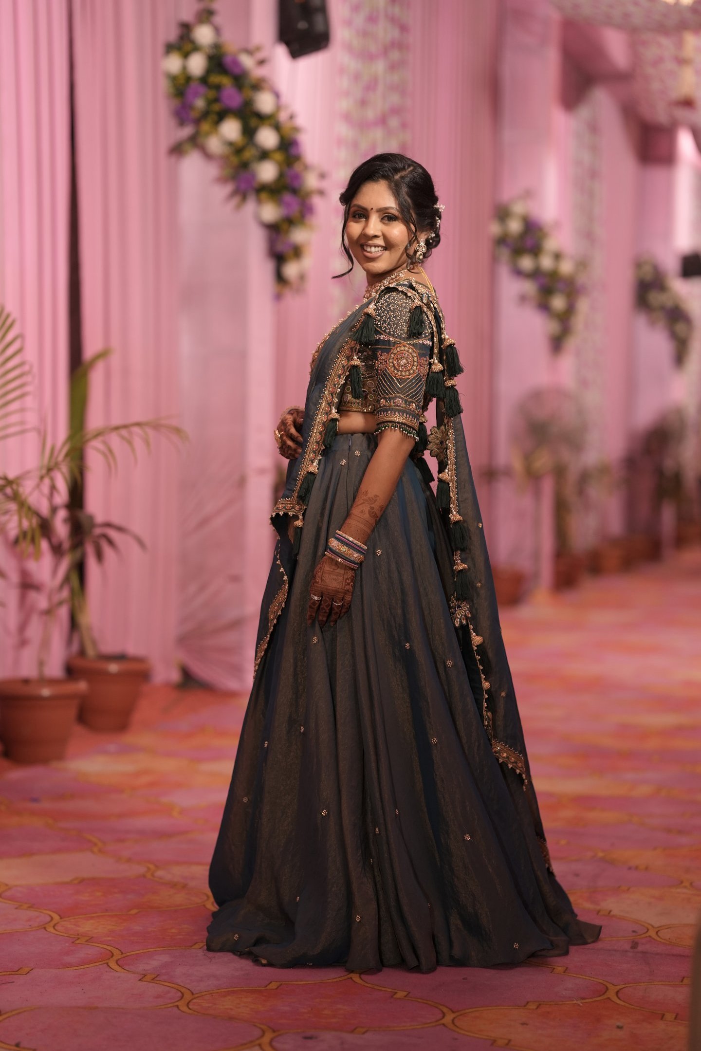 best green and golden lehengas with flawless makeup - best makeup artist in r&d bridal makeup gotri