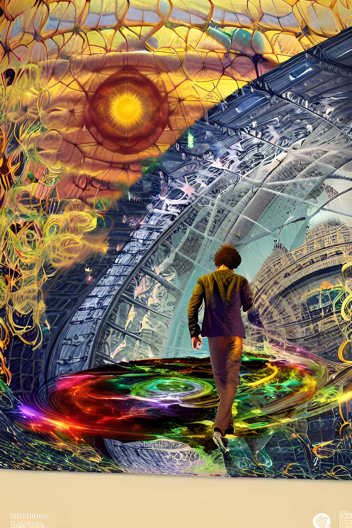 a man walking down a street with a large painting