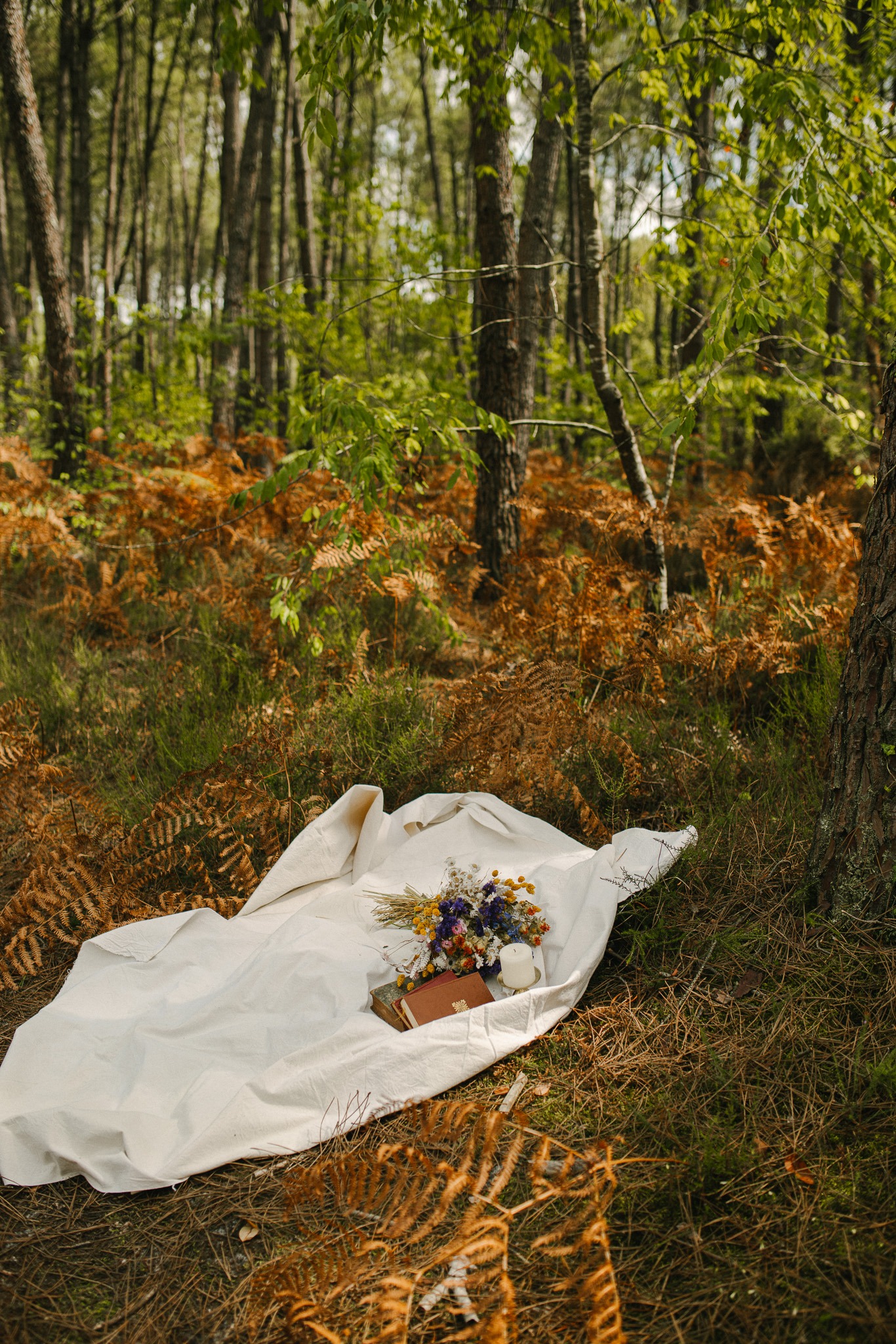 drap blanc dans forêt avec livre et bouquet de fleur