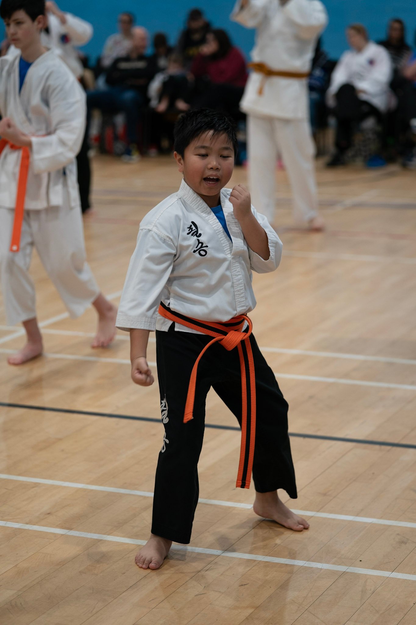 A 8 year old practising his martial arts blocks in our Horley martial arts classes.