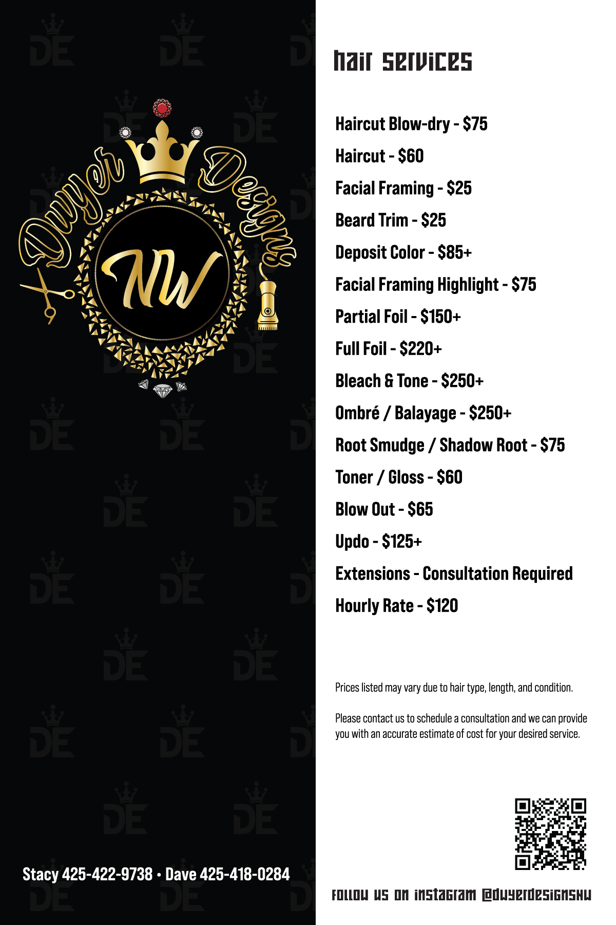 Dwyer Designs NW Hair Services Pricing Menu