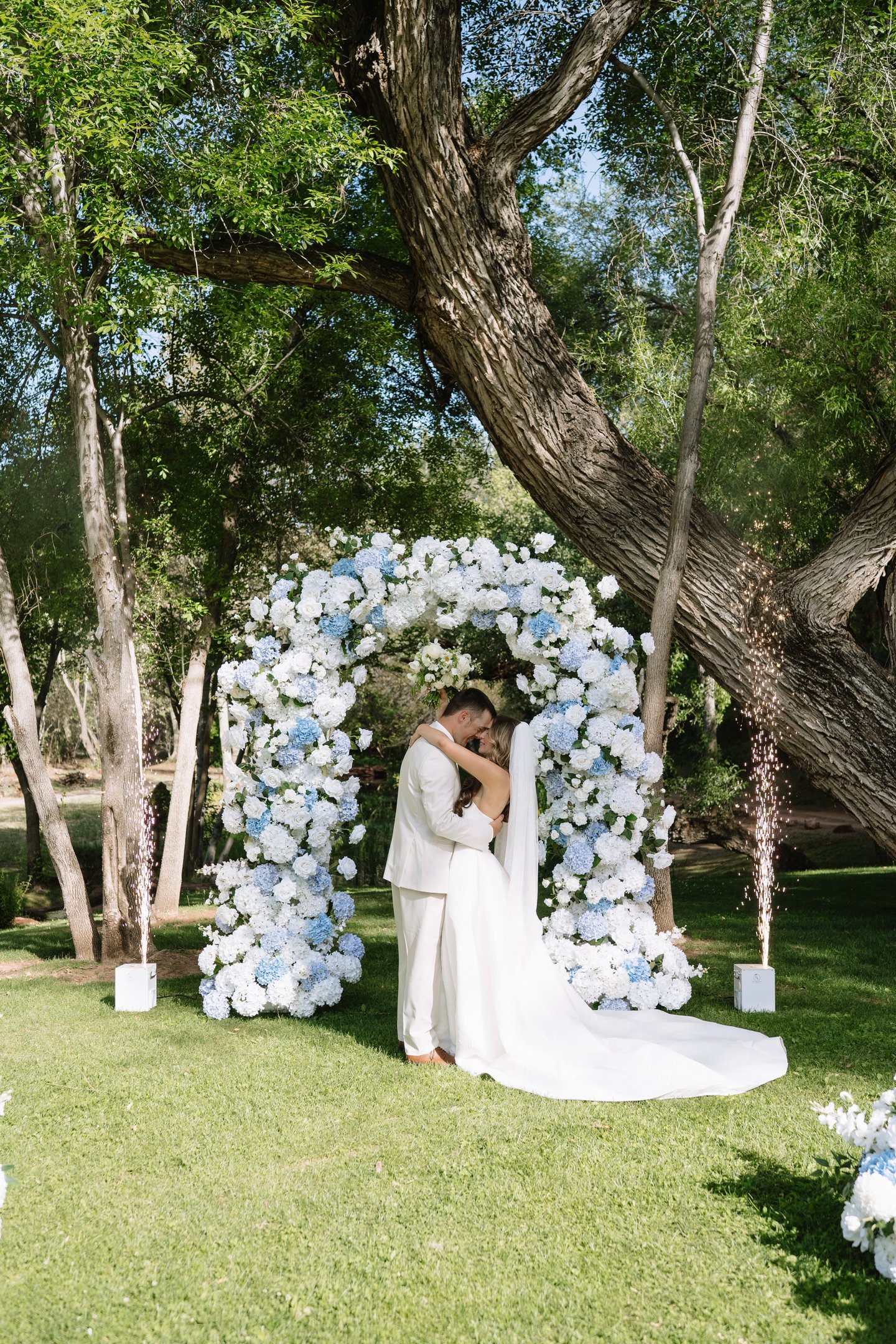 White hydrangea Blue flower arch wedding