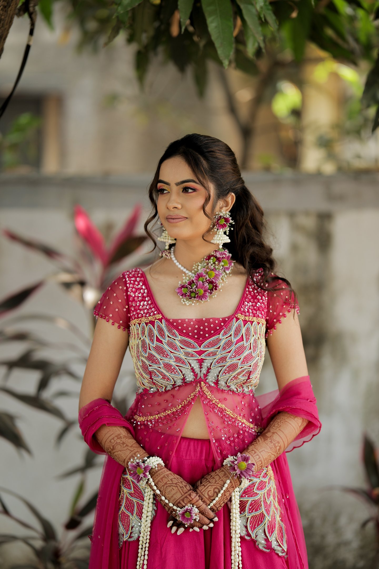 pink bridal outfit, haldi outfit ideas, modern indian bride, colorful bridal look, haldi ceremony dr