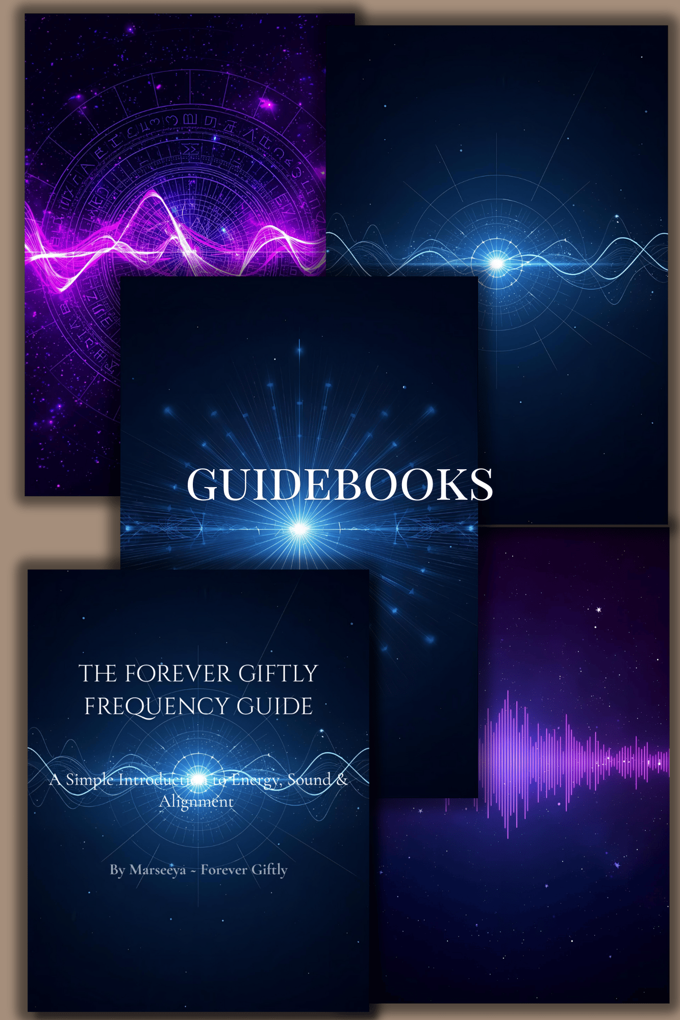 collage of Forever Giftly guidebooks with blue frequency and energy design