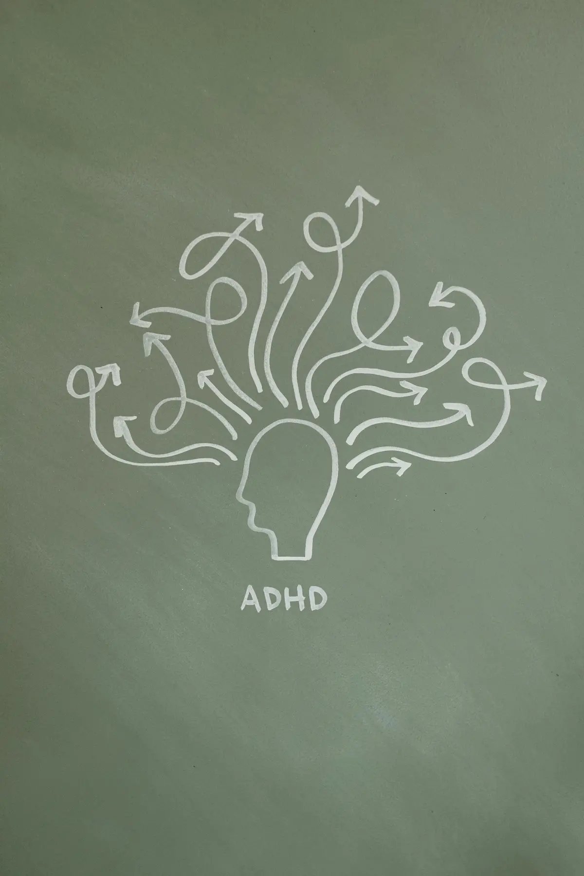 Minimalist chalk drawing of a head profile with tangled arrows representing ADHD brain activity.