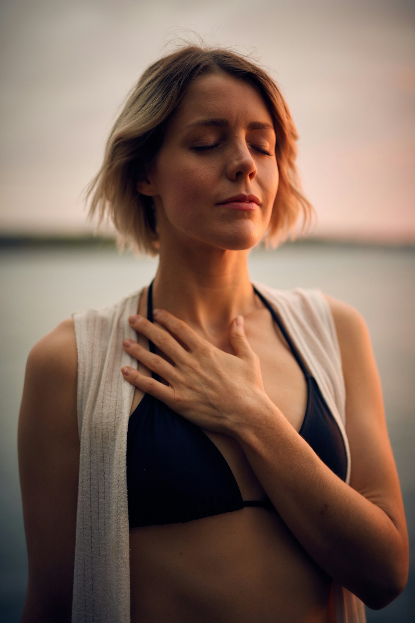 a woman observing her breathing mindfully