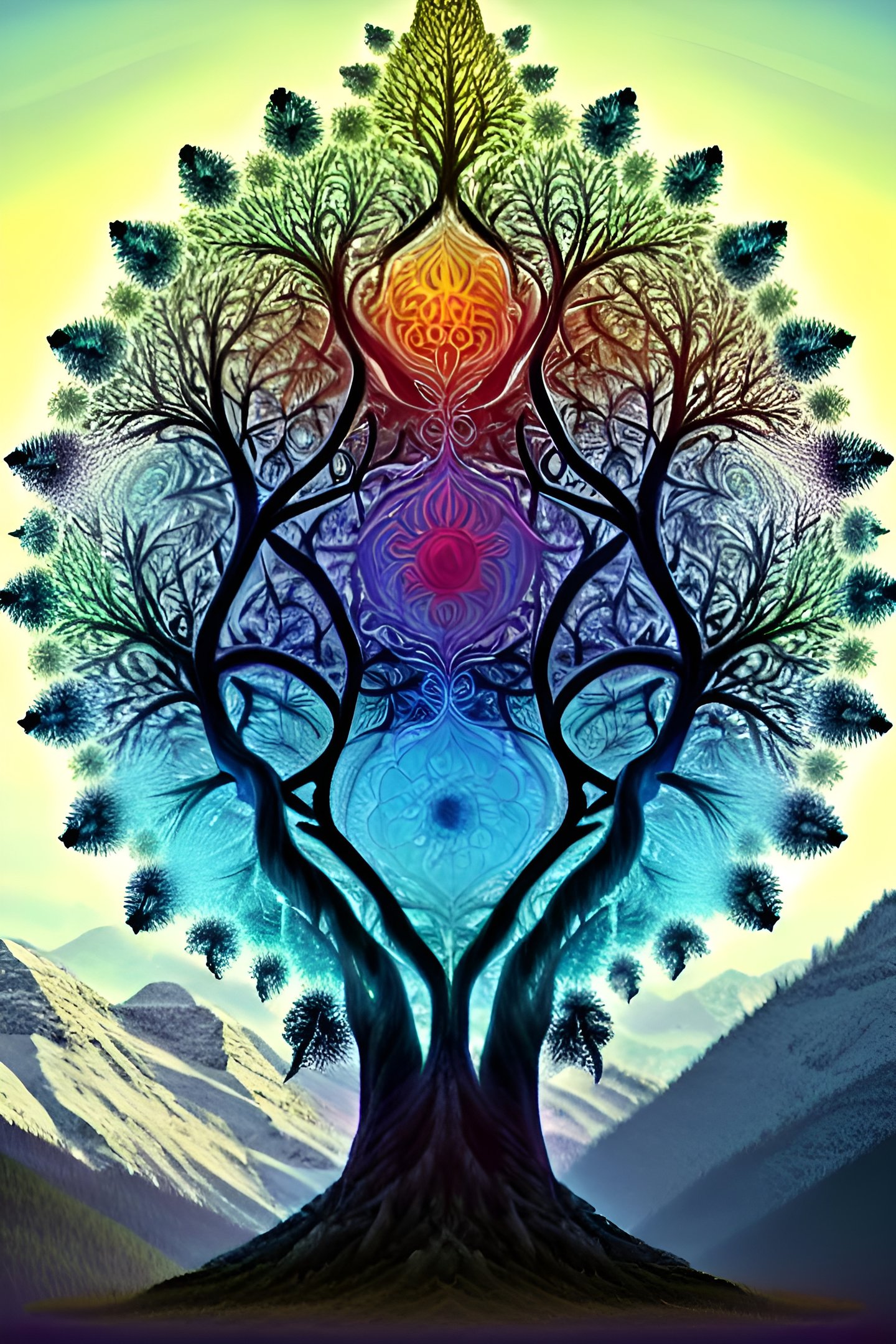 a tree with a rainbow colored tree in the background