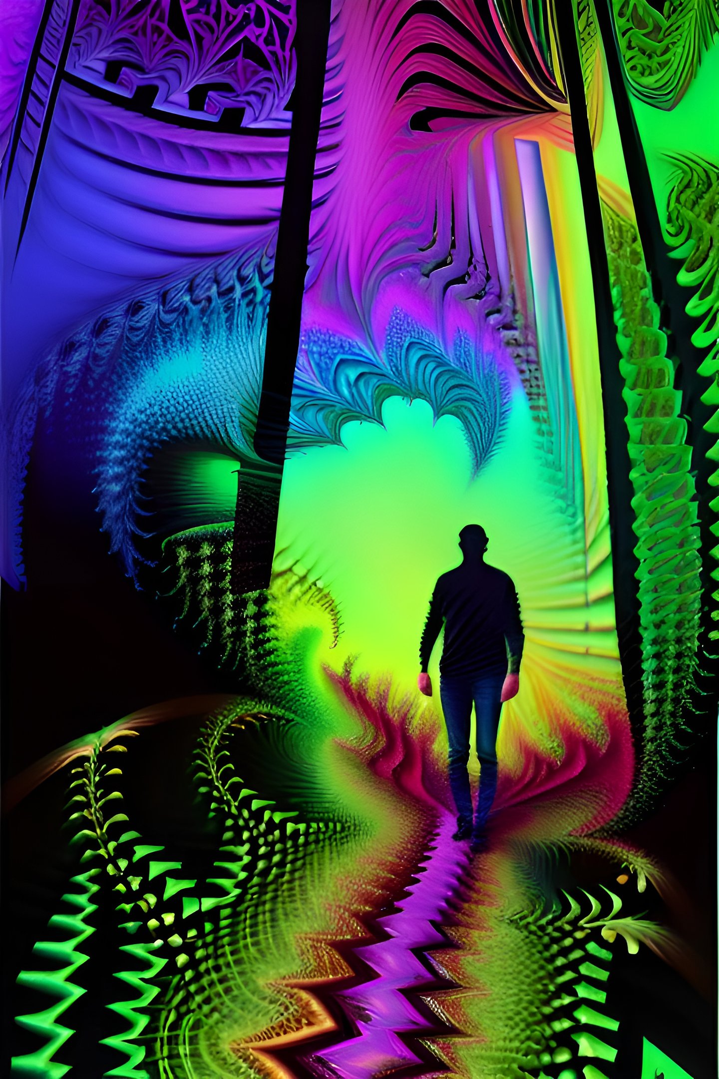 a man walking down a path with a colorful light
