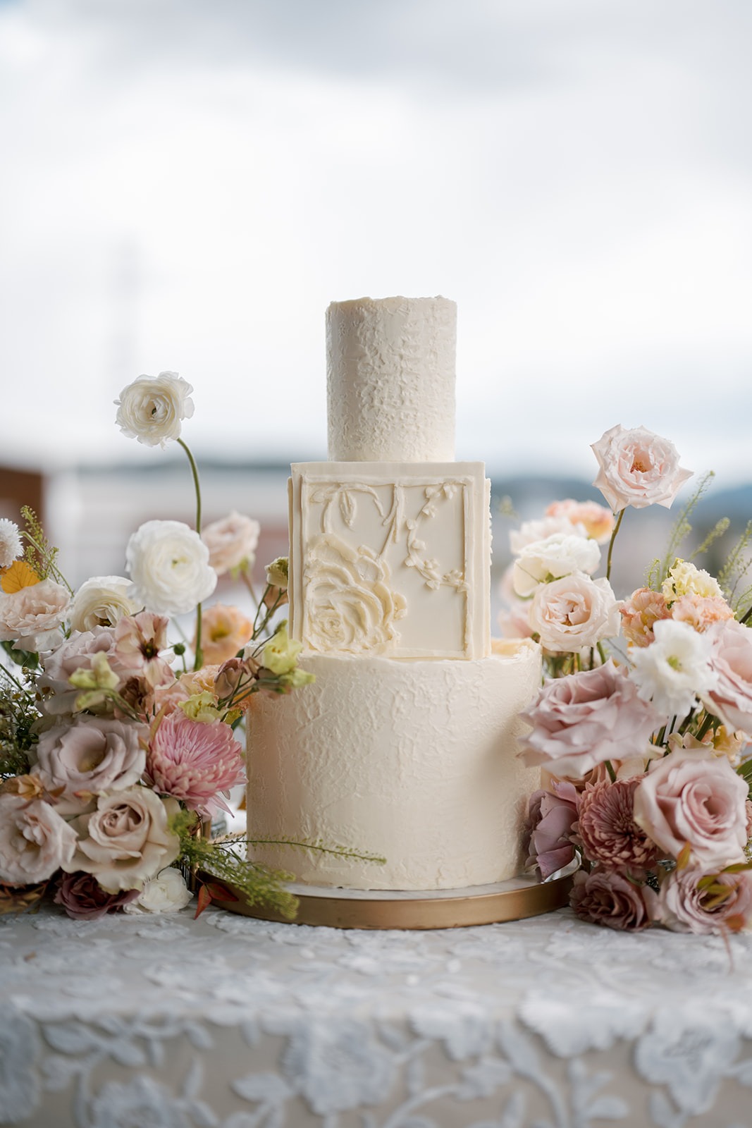 High end white wedding cake design for a Montana wedding