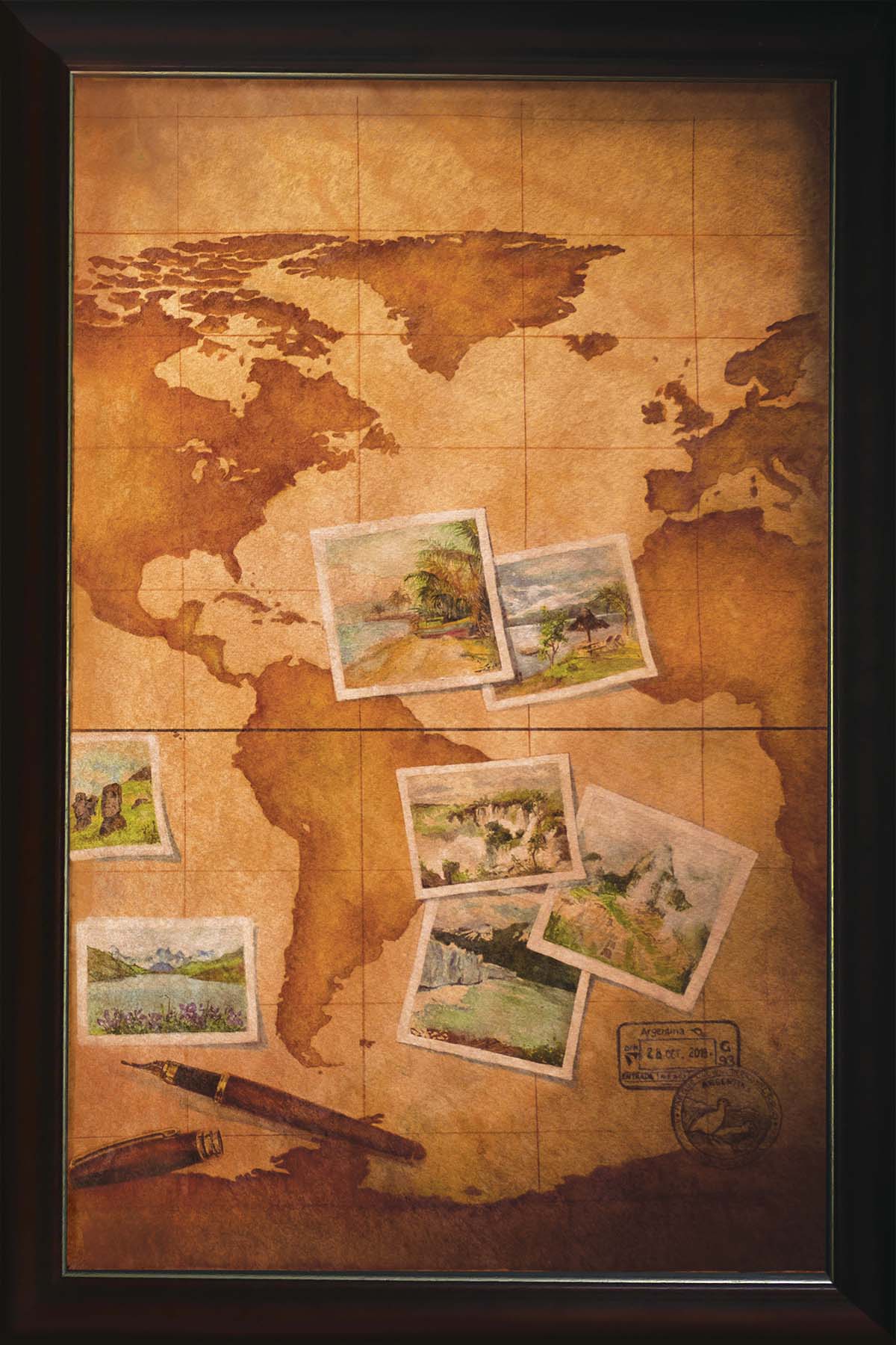 Illustration in watercolour, old map, a pen and photos