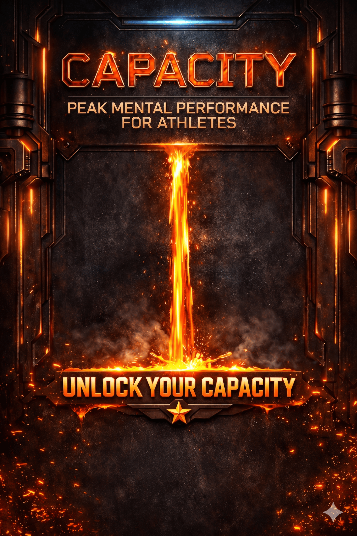 Capacity peak mental performance for athletes poster featuring molten metal and glowing orange text.
